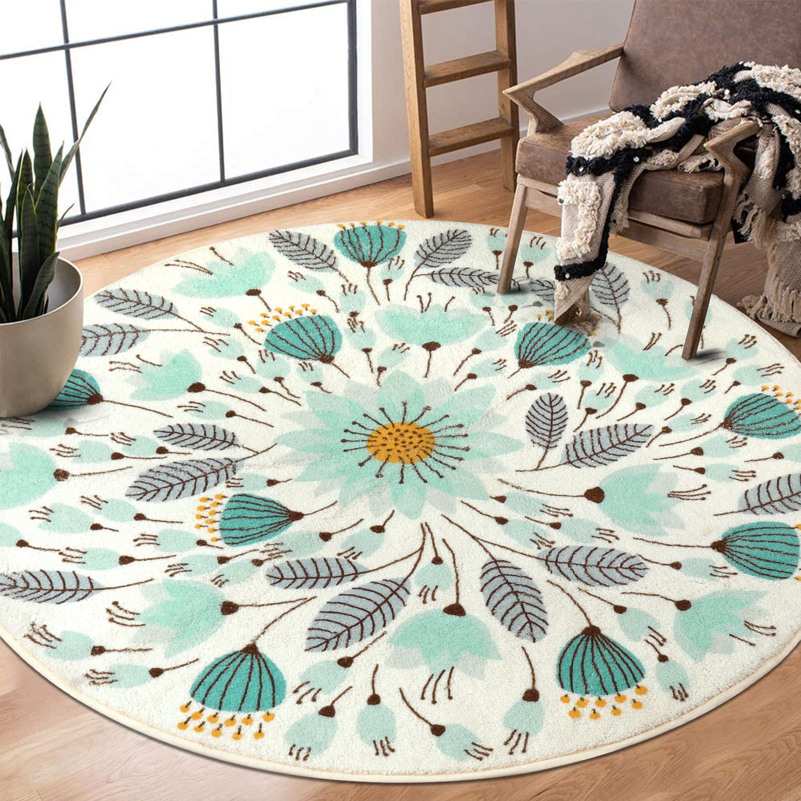 LIVEBOX Area Round Rug for Living Room 120cm,Circle Soft Cute Bedroom Rugs Floral Plant Non-Slip Washable Carpet Floor Mats for Home Entryway Laundry Room Kids Room