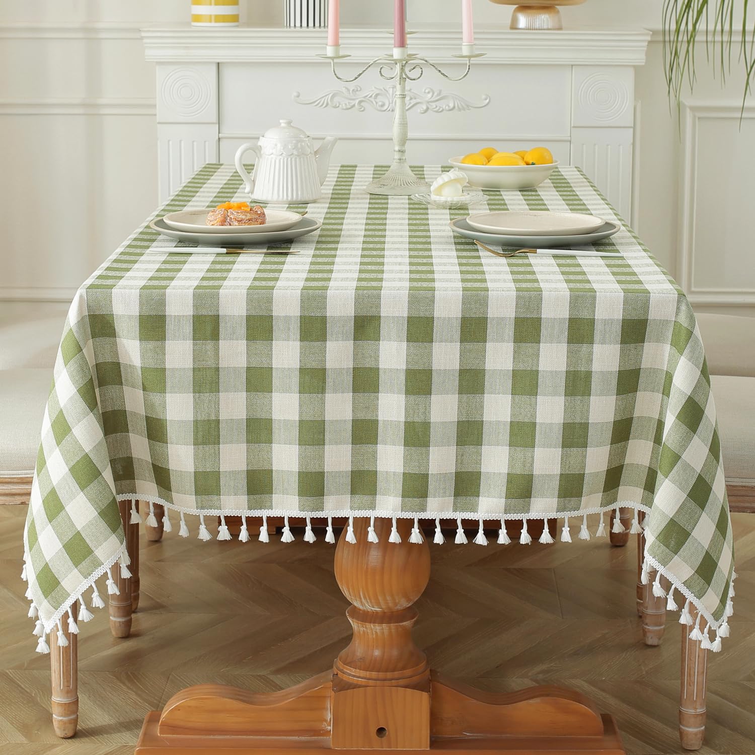 Laolitou 86'' Rustic Tablecloth Bundle with 86'' Green White Checkered Tablecloth