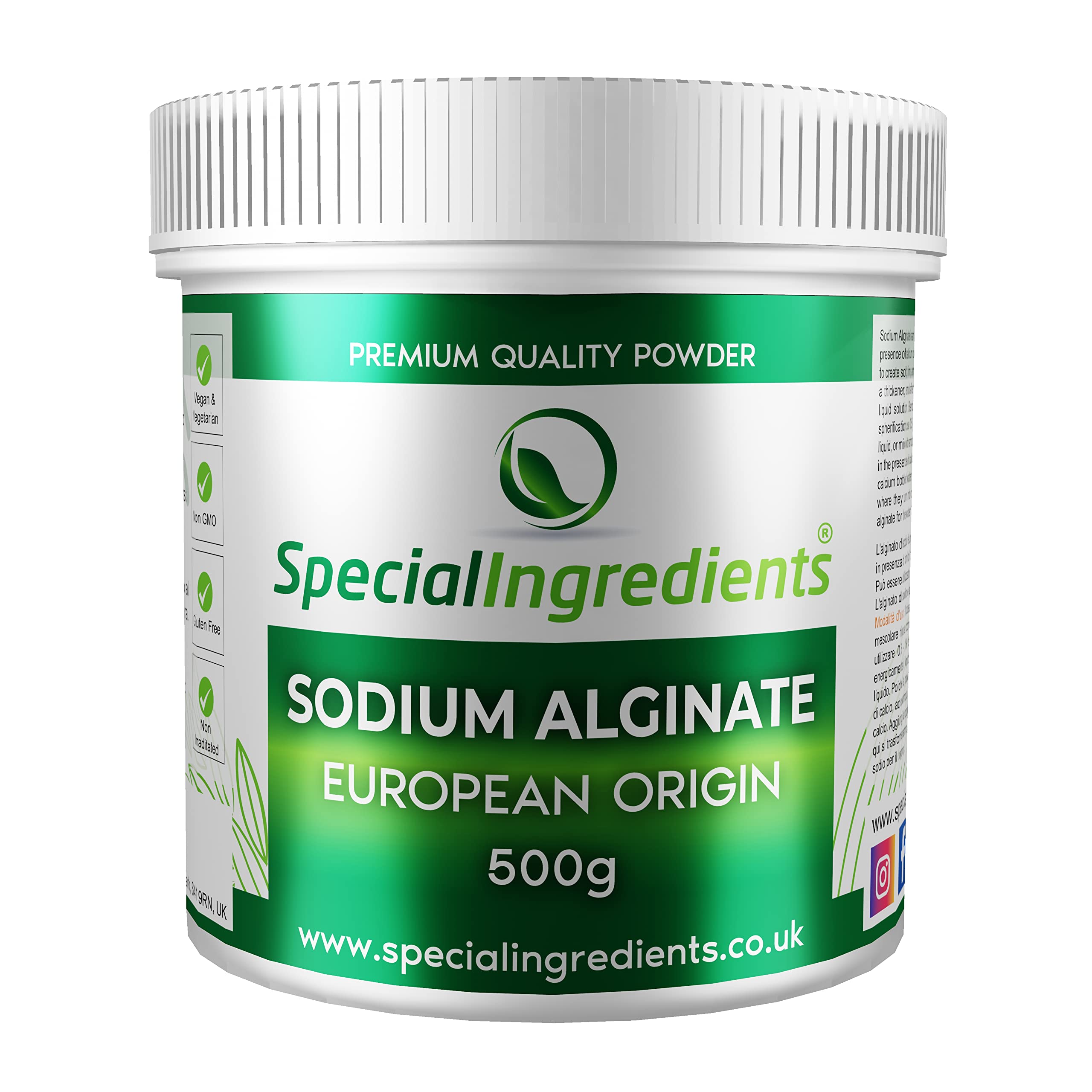 Special Ingredients Sodium Alginate 500g Molecular Gastronomy Ingredient, Premium Quality, Vegan, Non-GMO, Gluten Free – Recyclable Container