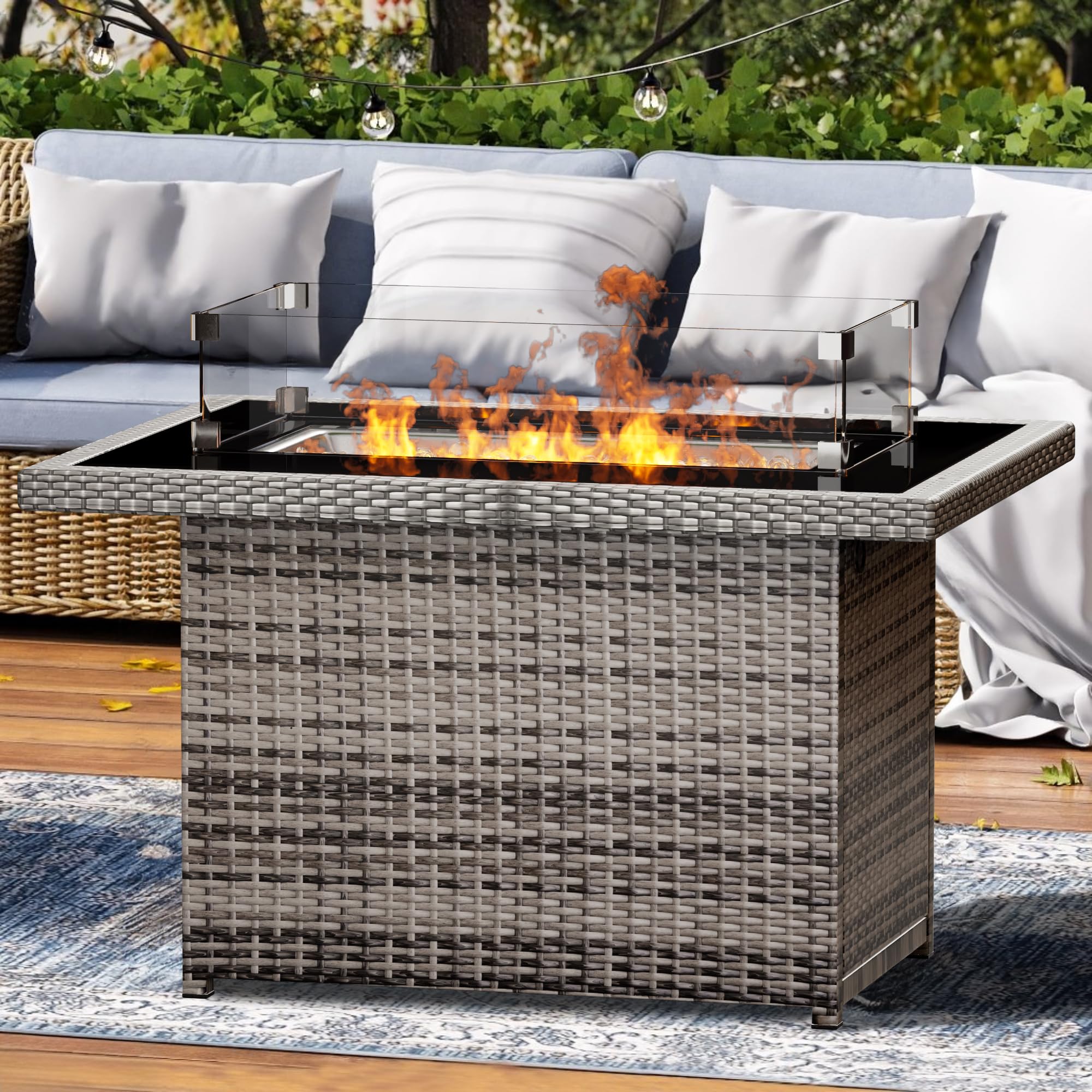 Yoyomax 44-Inch Hand Weave Rattan Propane Fire Pit Table - 60,000 BTU Heat Output, Smoke-Free, Glass Top, Aluminum Frame, All-Inclusive Accessories (Grey Rattan)