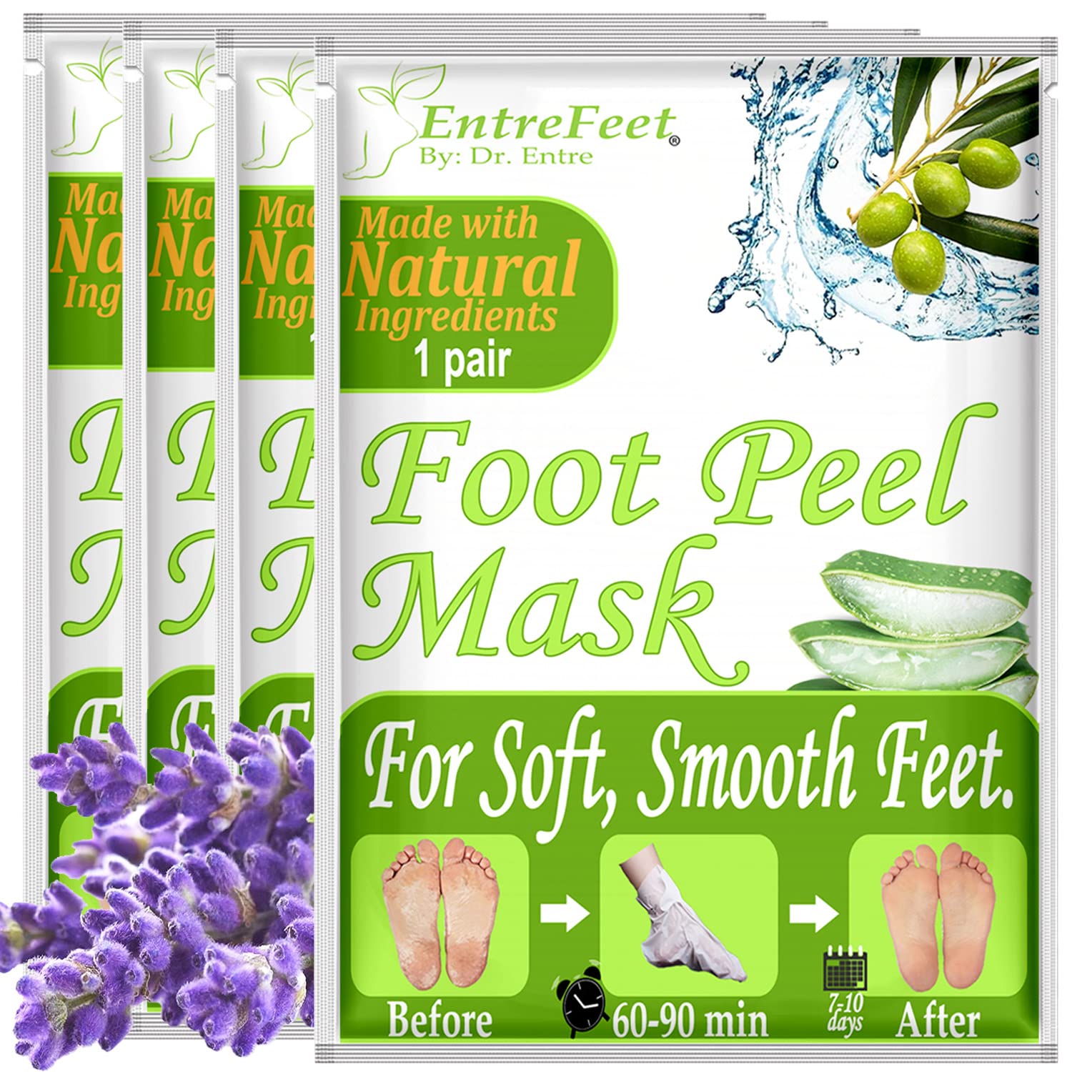 Dr. Entre's Foot Peel Mask 4 Pack, Baby Soft Feet in Just 7 Days, Lavender Exfoliating Callus Remover, Free Foot Care E-Book Included