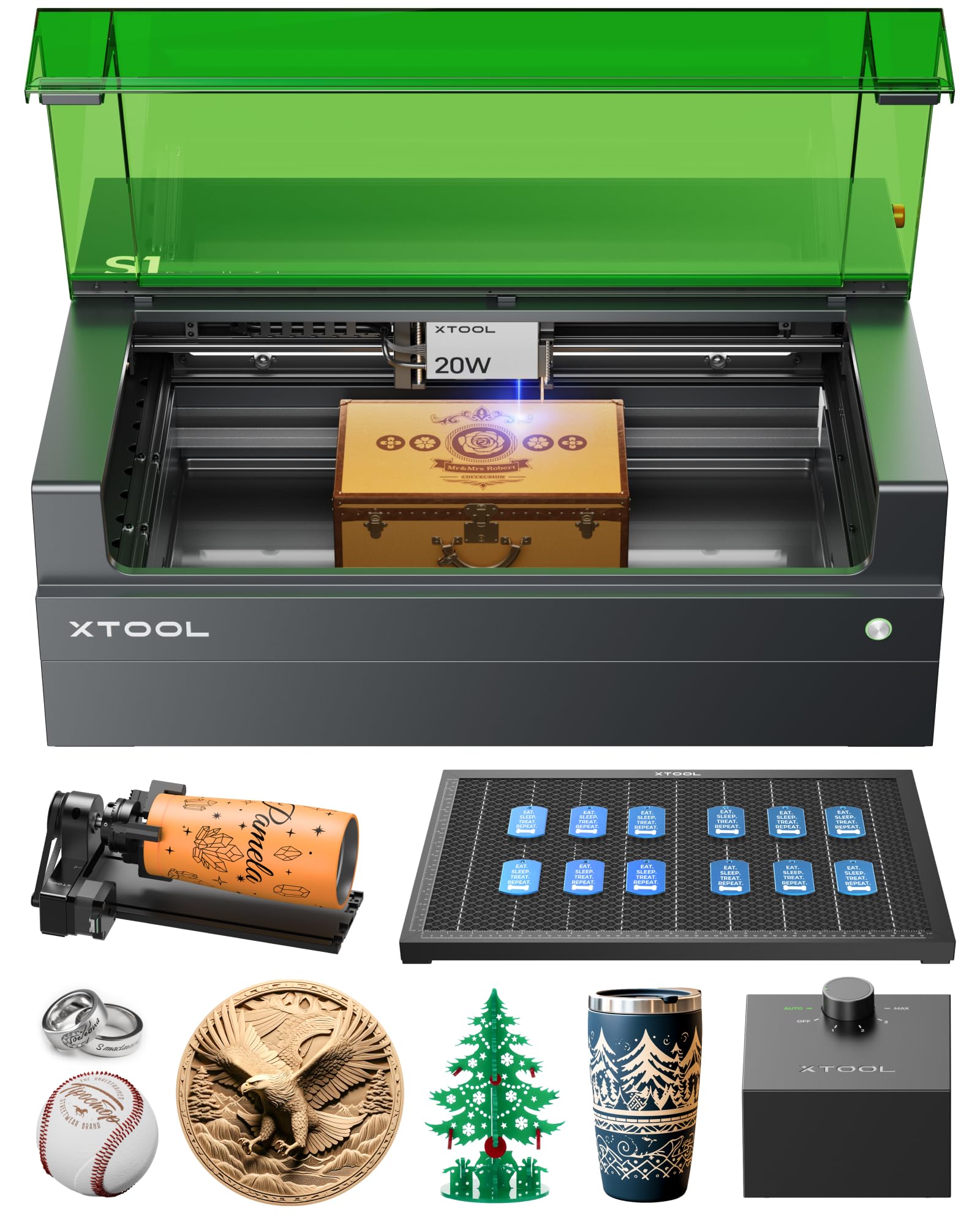 xToolS1 20W Laser Cutter and Laser Engraver for Tumblers, 23.93" x 15.16" Bed Size, 600mm/s Speed, Laser Engraving Machine, Laser Engraver for Wood and Metal, Acrylic, Big Project - Rotary Bundle