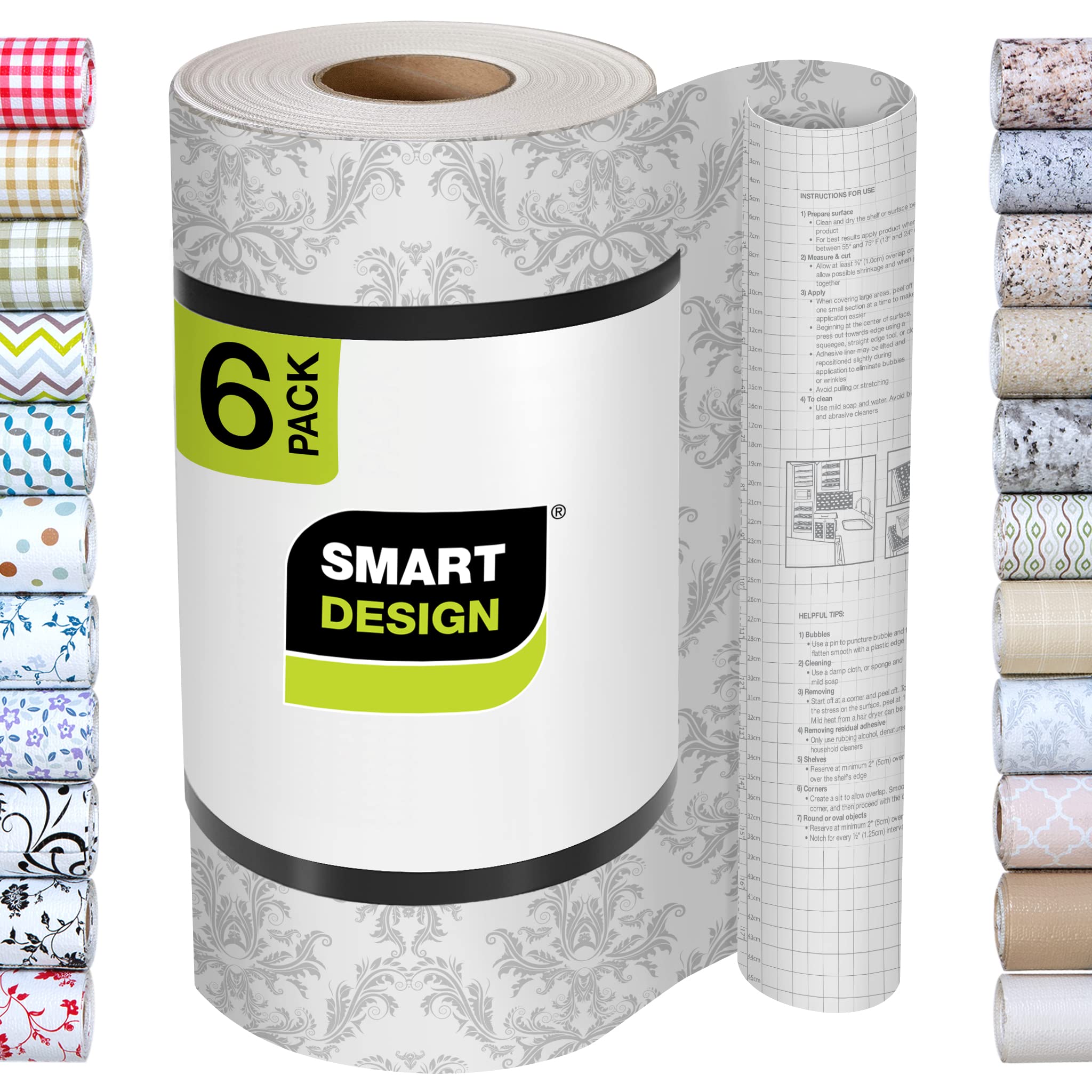 Smart Design Bonded Grip Shelf Liner - 12 Inch x 60 Feet Total (Set of 6 Rolls) - Non Adhesive, Strong Grip Bottom, Easy Clean Kitchen Drawer, Cabinet, Cupboard Dresser Cover - Fleur Gris