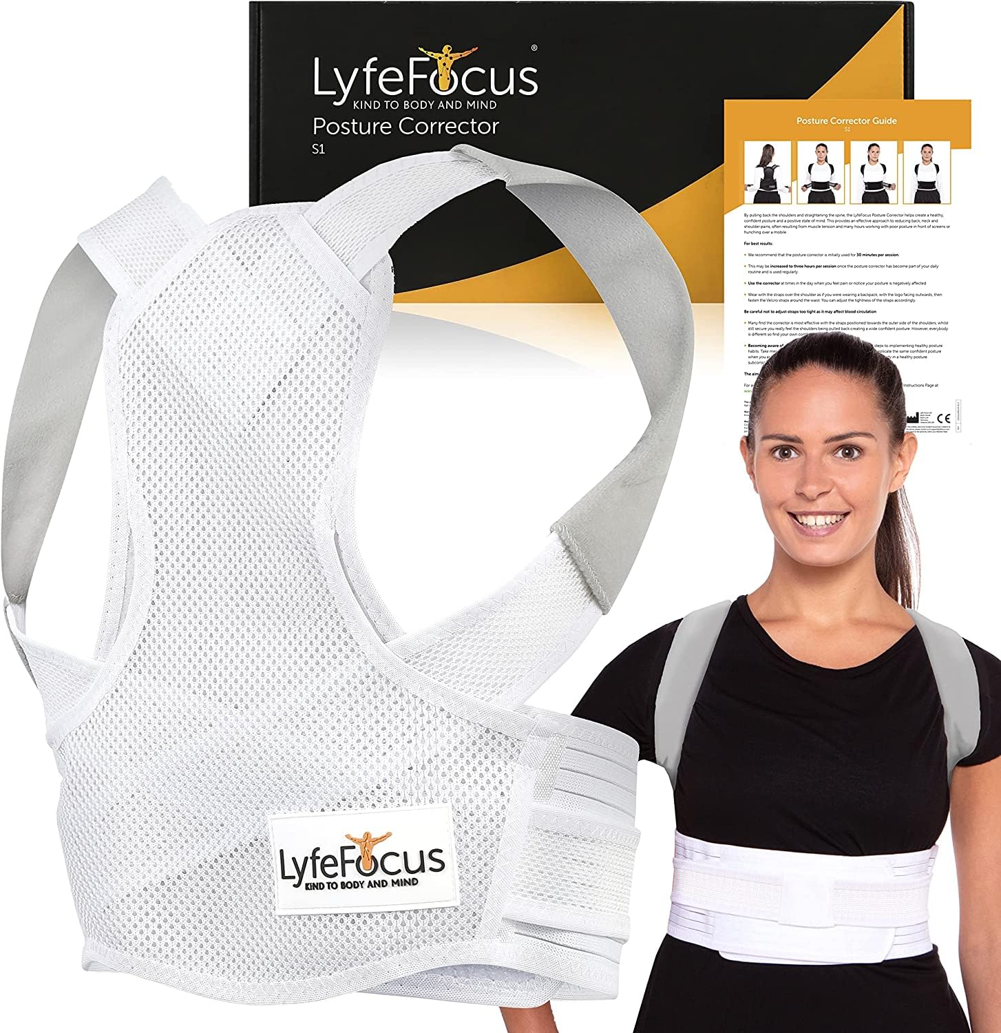 LyfeFocus S1 Premium Invisible Breathable Back Posture Corrector for Men & Women - Metal Upper Back Support Brace - Effective Posture Correction for Neck, Shoulder & Back Pain (White, Large)