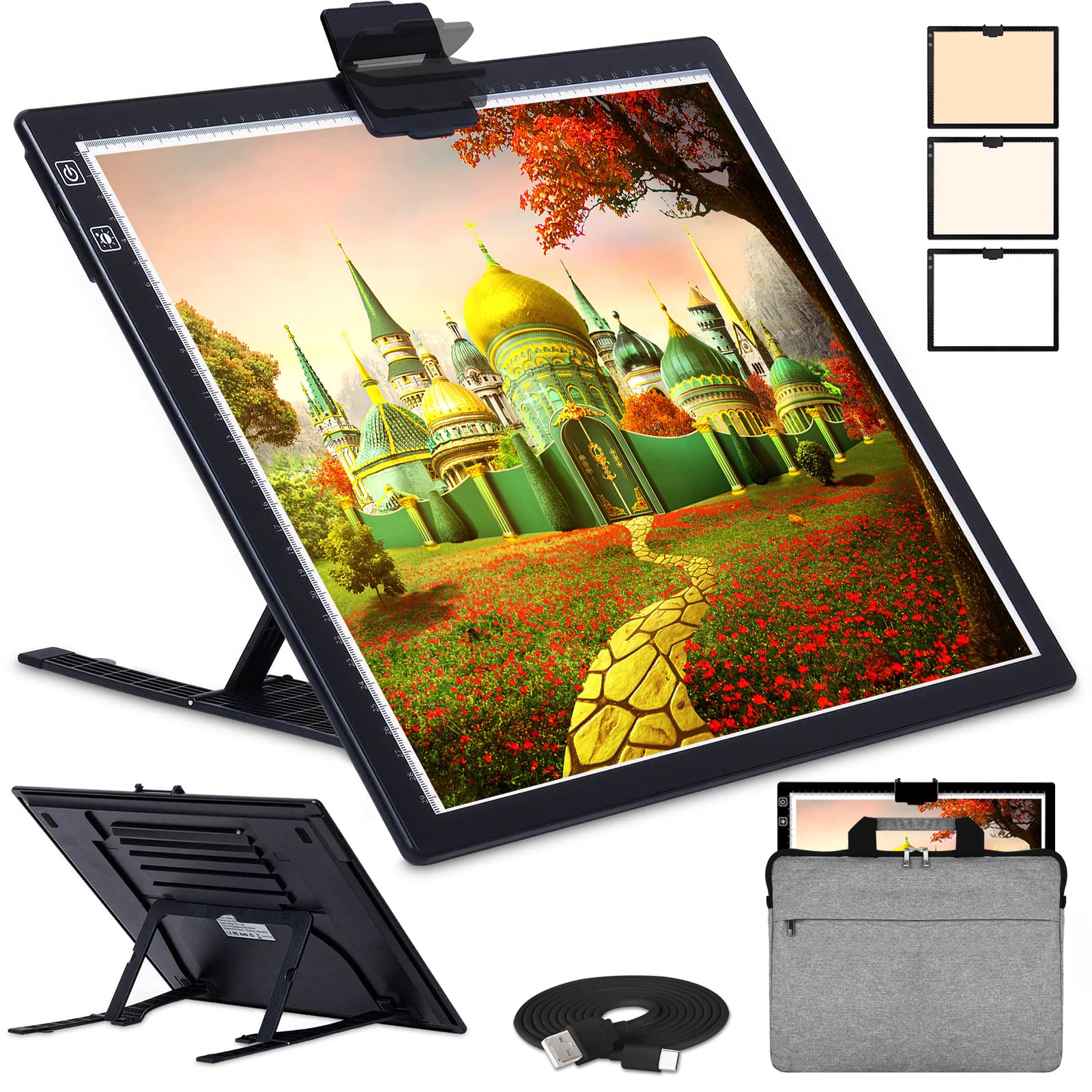 ASRAS A3 Led Light Pad with Carry Bag , 2500mha Battery Powered , 3 Colors Stepless Dimmable 6 Levels of Brightness Light Box Tracing Light Box for Diamond Painting ,Built-in Stand, Magnet Clip