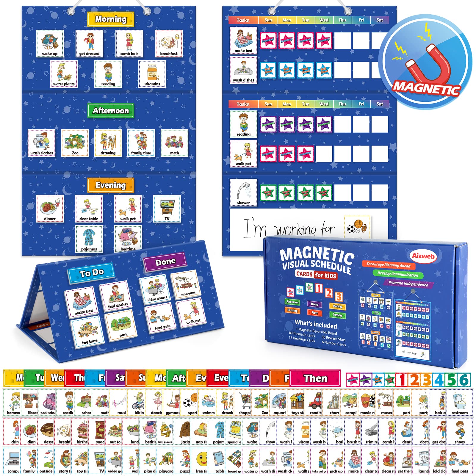 AizwebVisual Schedule for Kid Chore Chart,Magnetic Morning Bedtime Routine Chart for Toddler,Daily Schedule Magnetic Board Communication Card for ASD,ADHD,PECS Autism Learning Material for Homeschool