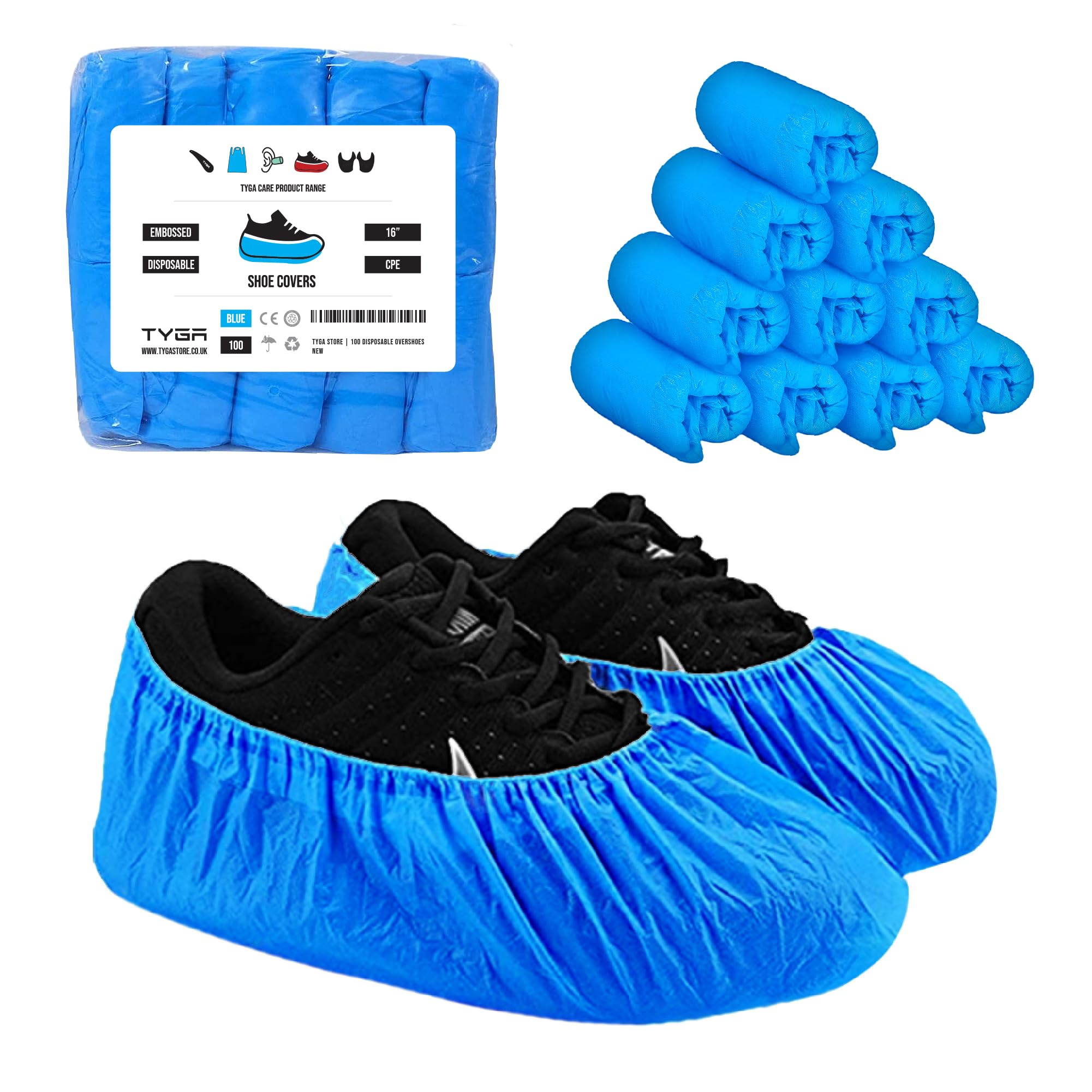 TYGA STORE (100 Pieces Disposable Shoe Covers - Blue Plastic, Anti Slip, Dust Proof, Waterproof Overshoes – Indoor, Outdoor, Carpet, Floor, Rain, Boot, Safety, Cycling, Strong Foot Covering