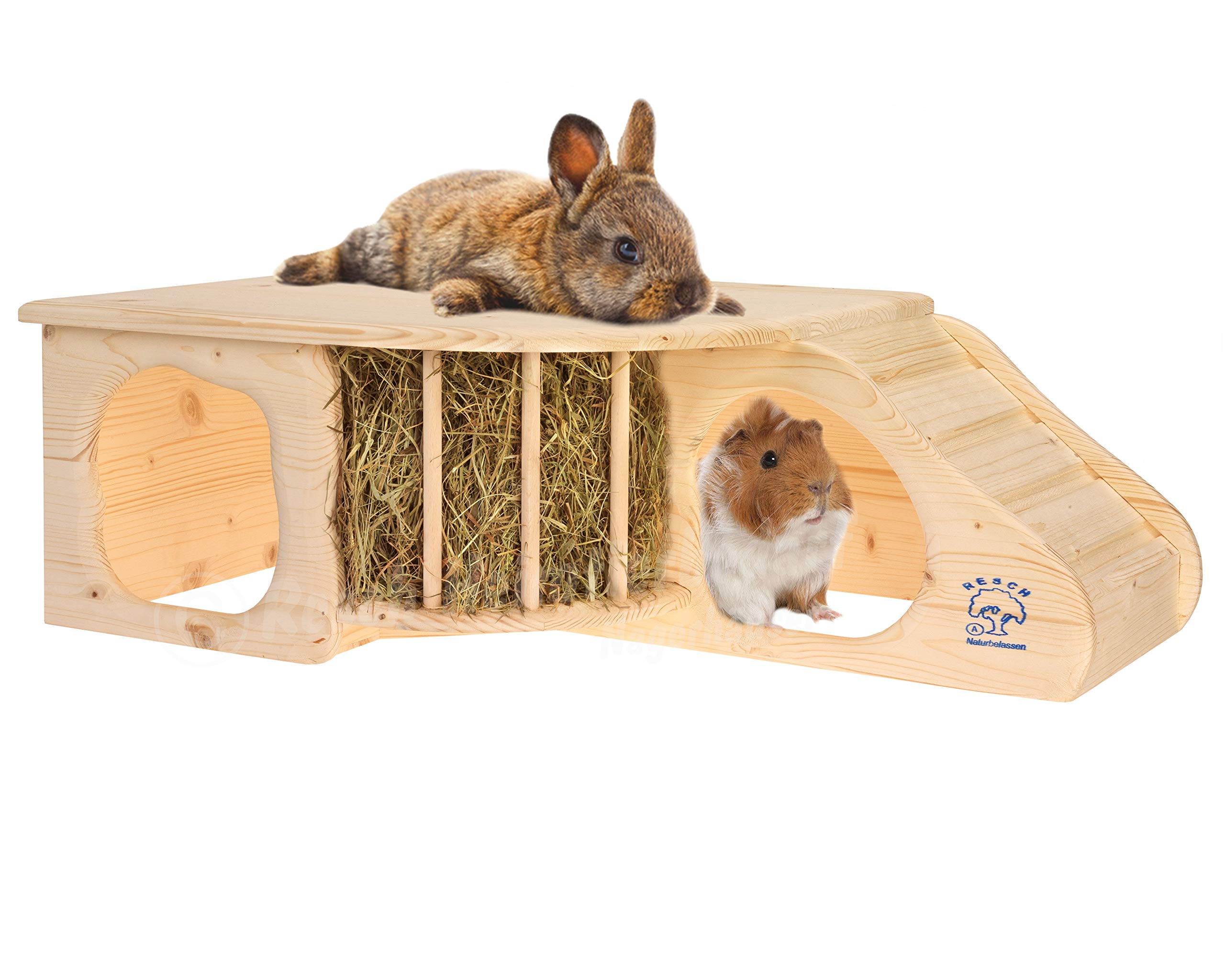 Resch No11 Rodent Cave XL Natural solid wood made of spruce/with stairs to the lying area/Integrated Hay Rack, two large Entrances and rounded corners