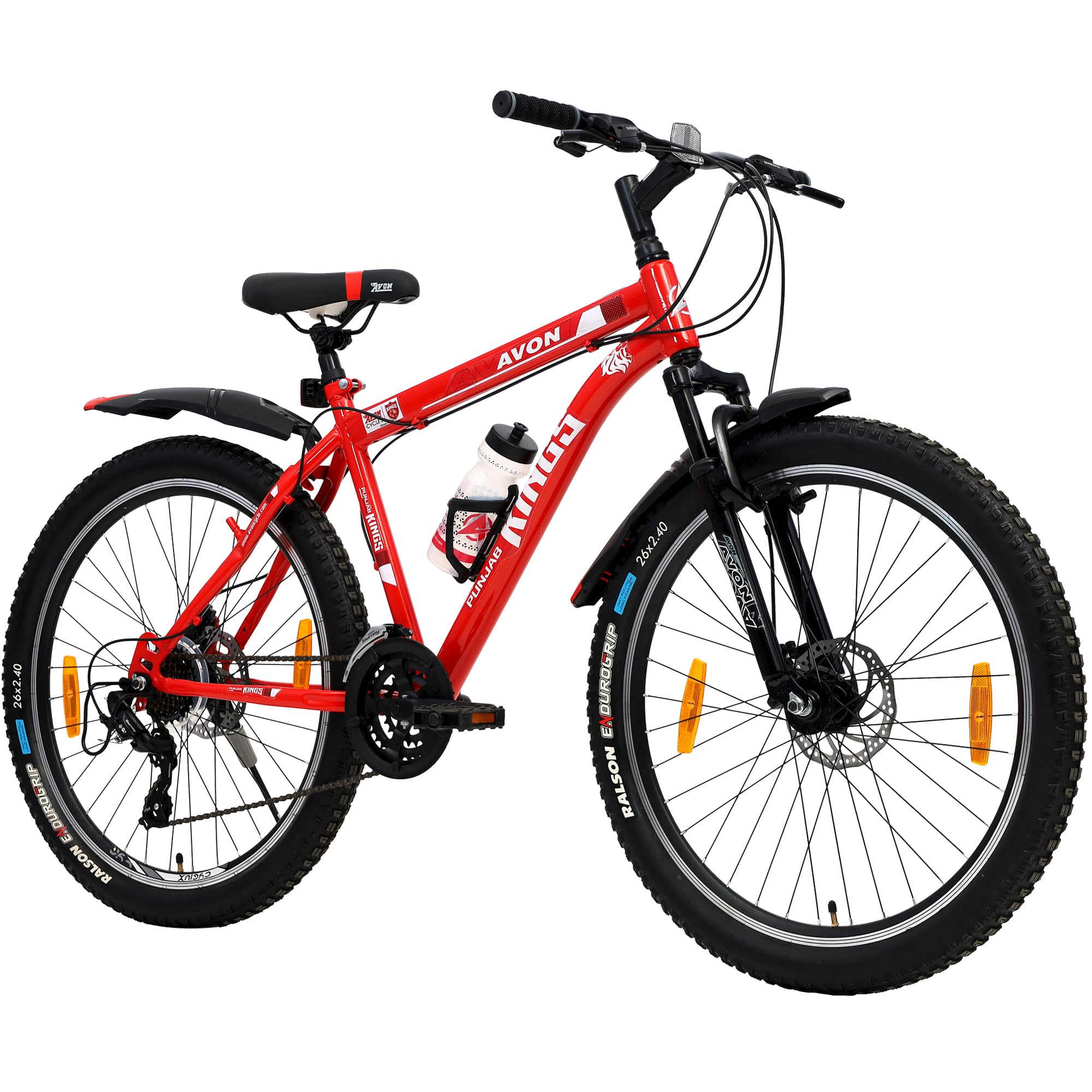 Avon Buke Kings 26T MTB Bicycles for Men |Frame Size: 18 Inches|Wheel Size: 26 Inches|Short Bent Handle Bars|Suspension Fork with Front & Rear Disc Brakes, Steel Rim(Luster Red)