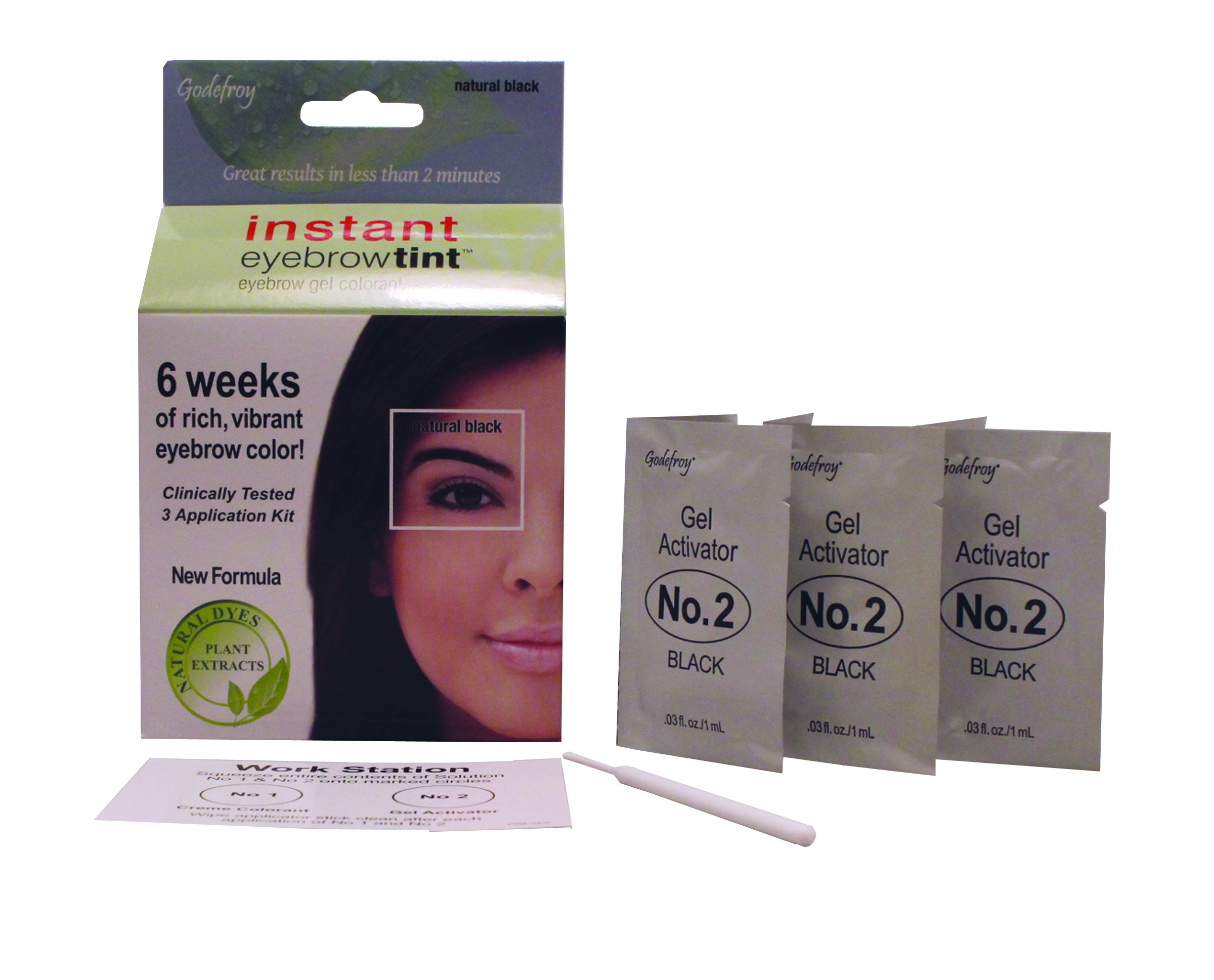 Godefroy, Instant Eyebrow Tint, Permanent Eyebrow Tint Kit, Natural Black, 3 Application Kit