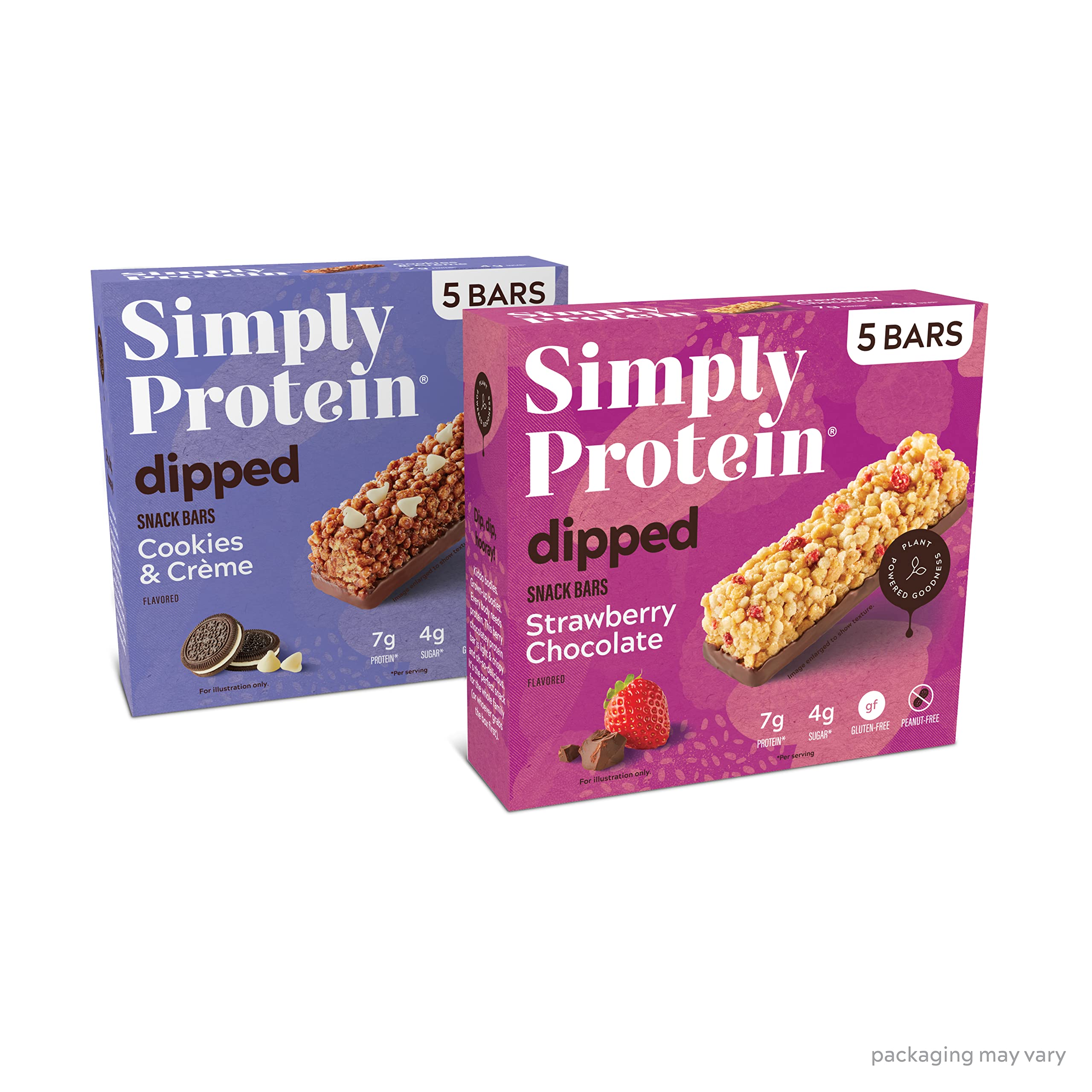 Simply ProteinDipped Bars Variety Pack, 10 Bars - Cookies & Crème (1) and Strawberry Chocolate (1) Flavors - Plant Based Snacks for Kids - 7g Protein, 4g Sugar, 100 Calories - Vegan - 2 Boxes