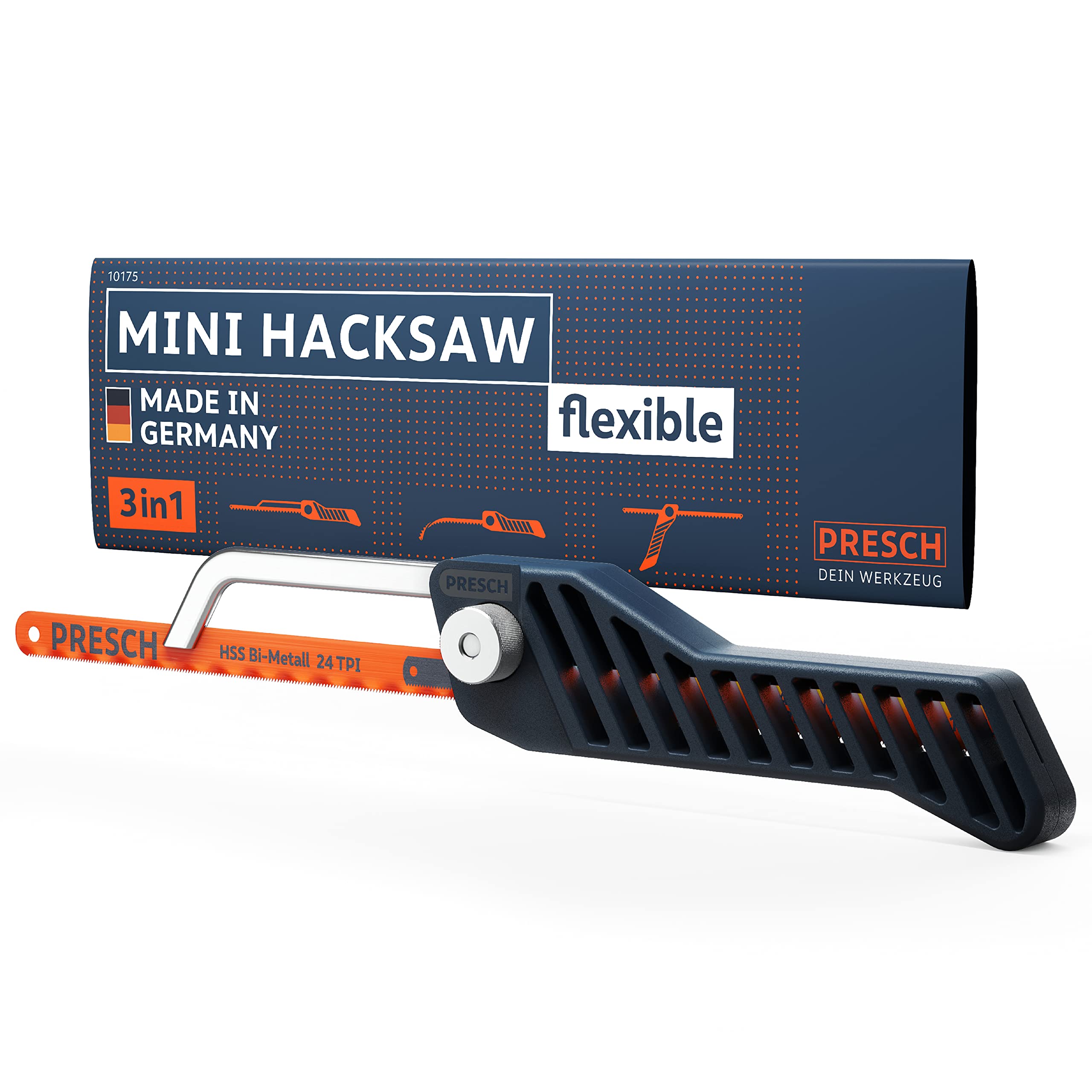 Presch Junior Hacksaw Flexible 300mm - 3in1 Hacksaw for Metal Cutting incl. 300mm HSS bimetal Saw Blade - Adjustable Mini Hacksaw with Saw Blade - Small Hacksaw for Metal, Plastic, etc