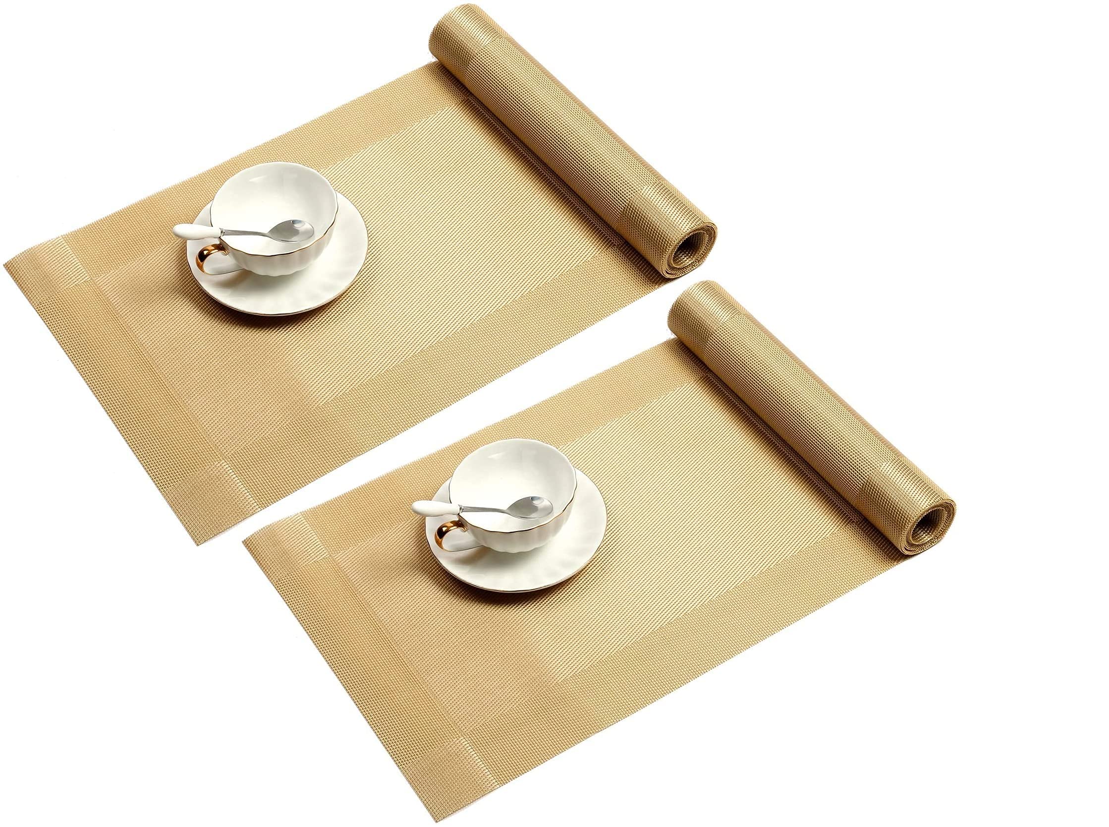 we3 Table Runner Washable Vinyl Brown Table Runner for Kitchen Dining Tea Table Use Heat Insulation PVC Vinyl Weave (Gold, Pack of 2)