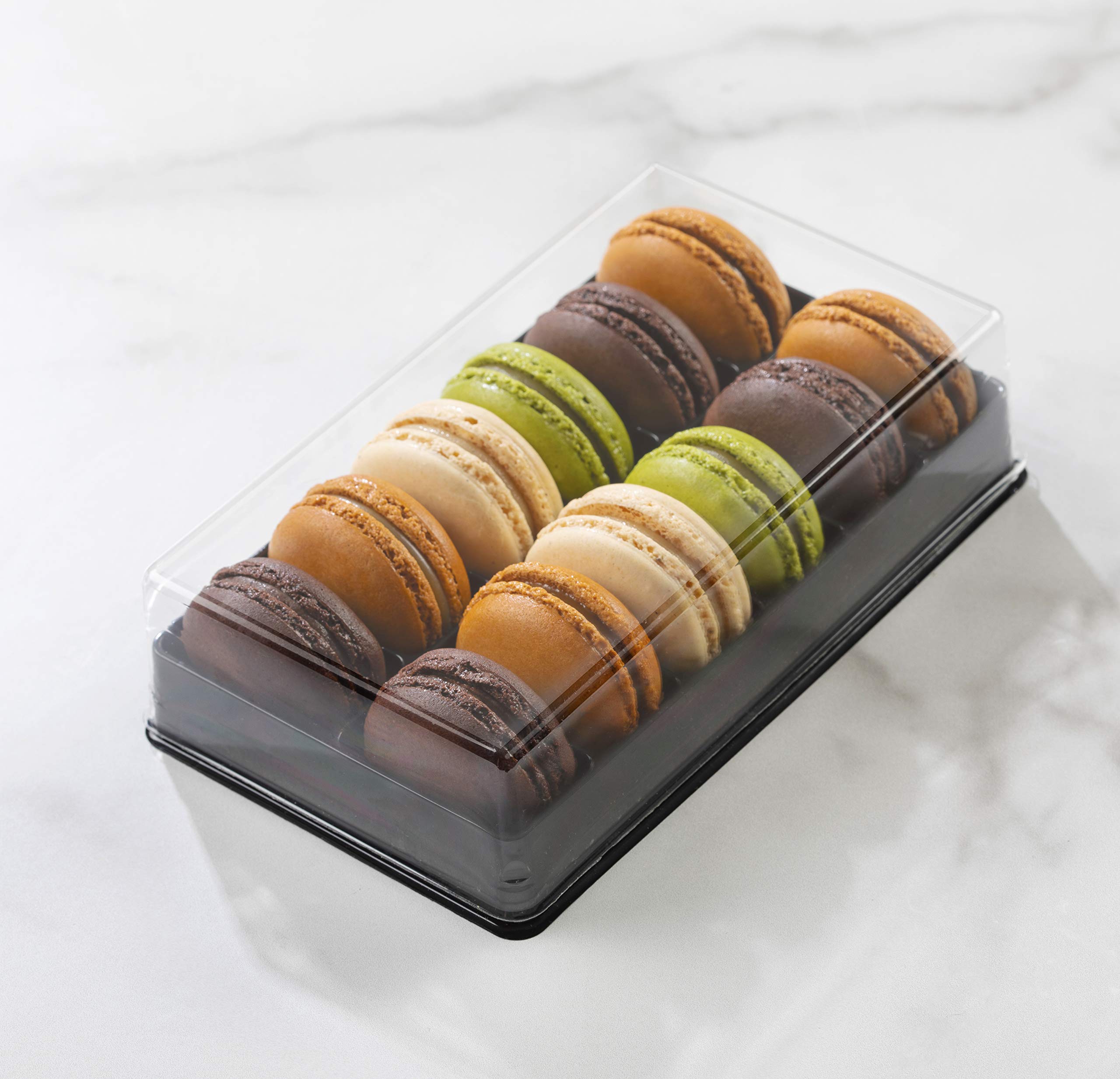 Pastry Chef's Boutique Clear and Black Base Plastic French Macarons Small Gift Boxes - Holds 12 Macarons - Cavity Size 1.76'' x 1'' - Pack of 10