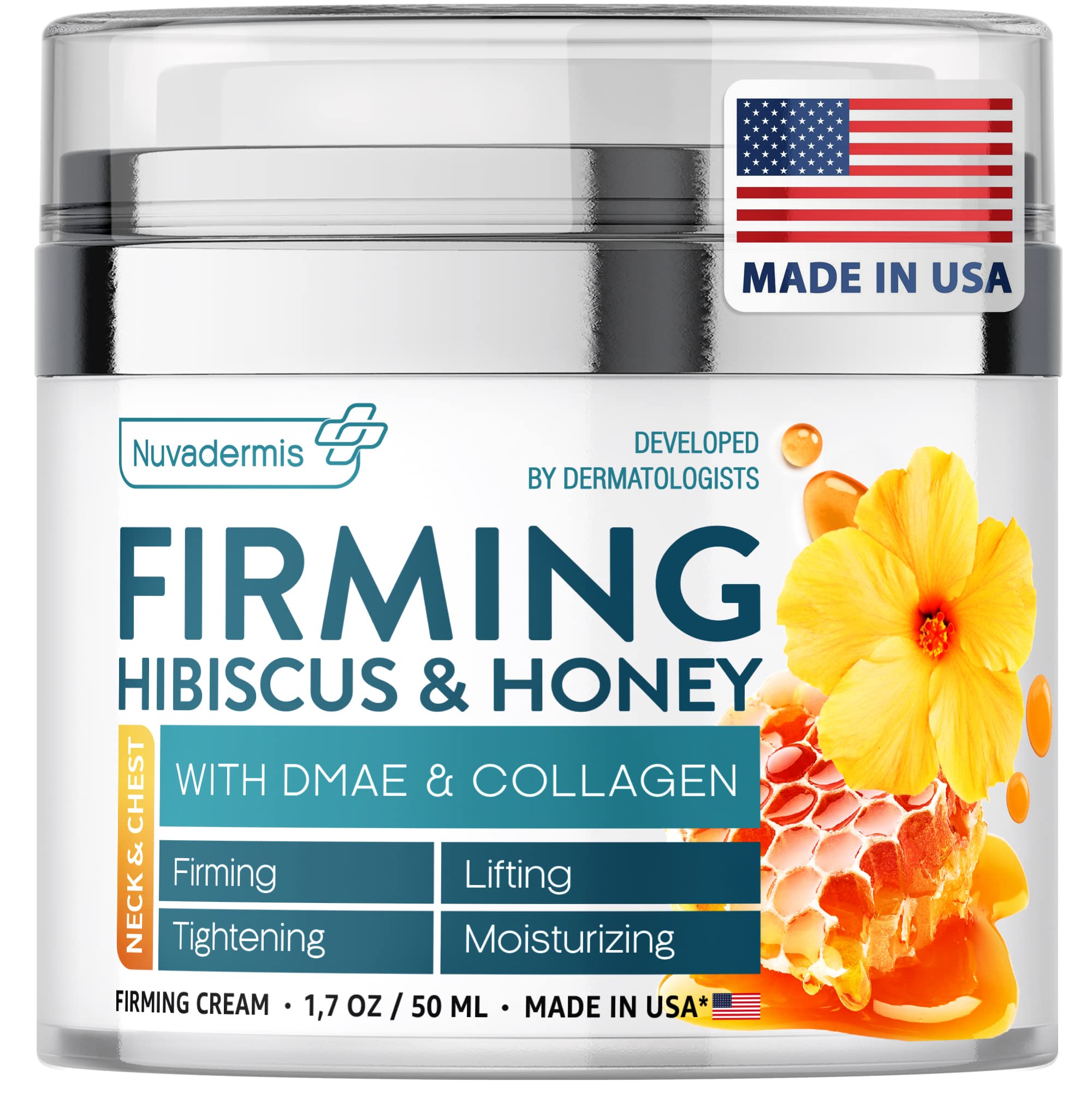 NUVADERMISHibiscus and Honey Firming Cream - Skin Tightening Cream - Reduces Fine Lines - Lifts and Moisturizes Skin with Natural Collagen and DMAE - Made in USA, 1.7 oz Jar