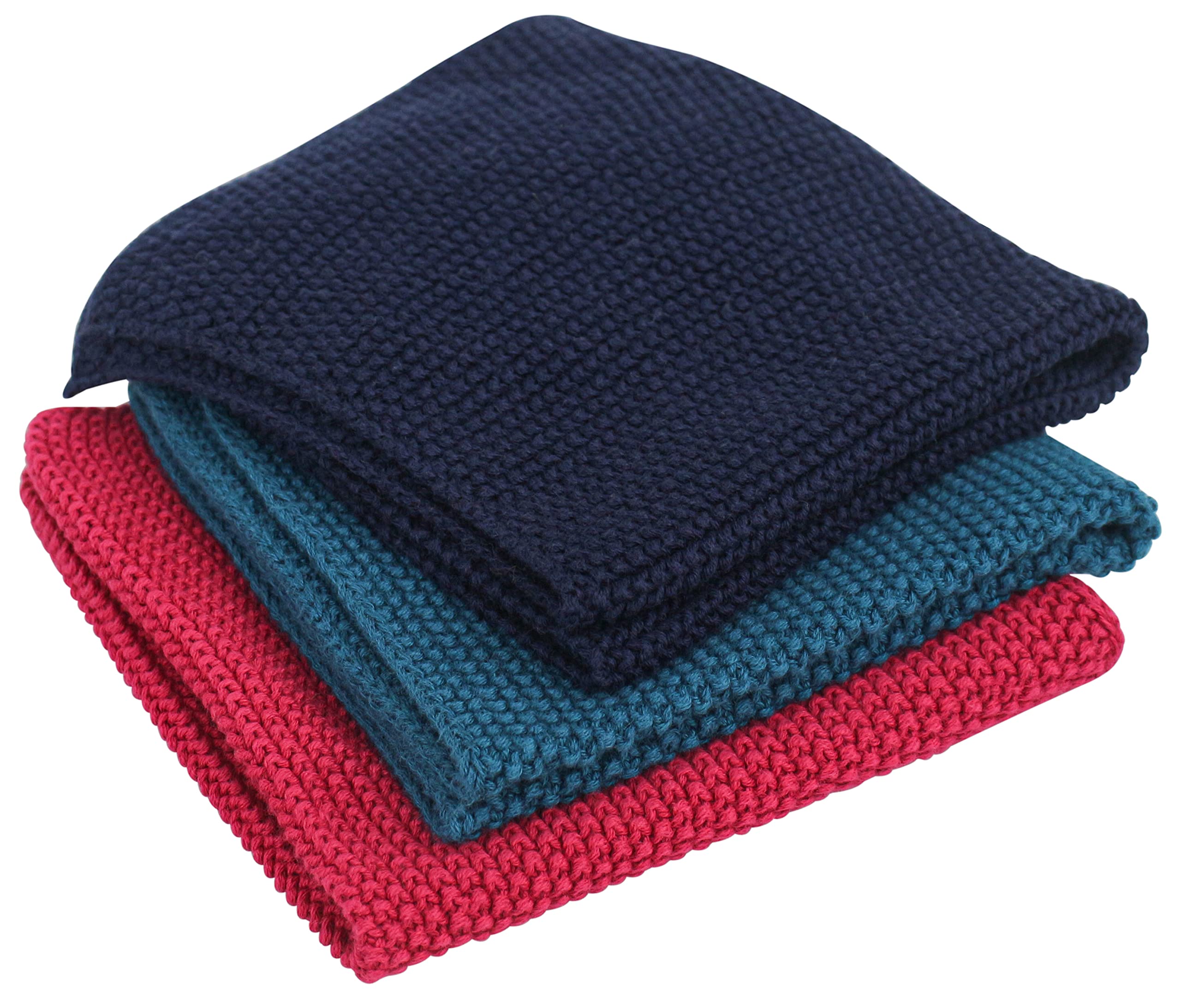 POMME 100% Cotton Knitted Dish Towel Set of 3 Colors ( Marine, Colonial Blue, Pome Granite ), 25 X 25 cm