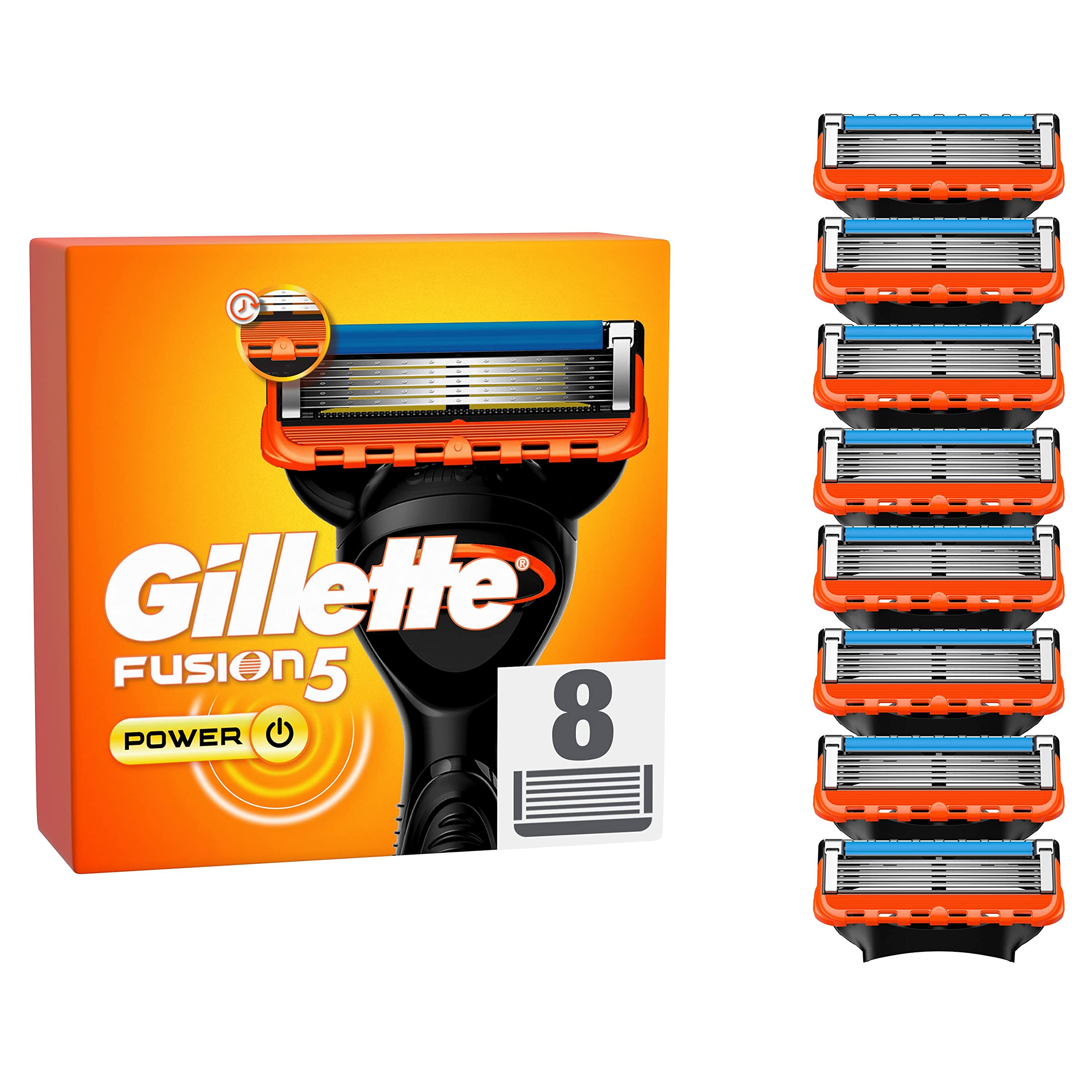 GilletteFusion5 Power Razor Blades Men, Pack of 8 Razor Blade Refills with Precision Trimmer, 5 Anti-Friction Blades