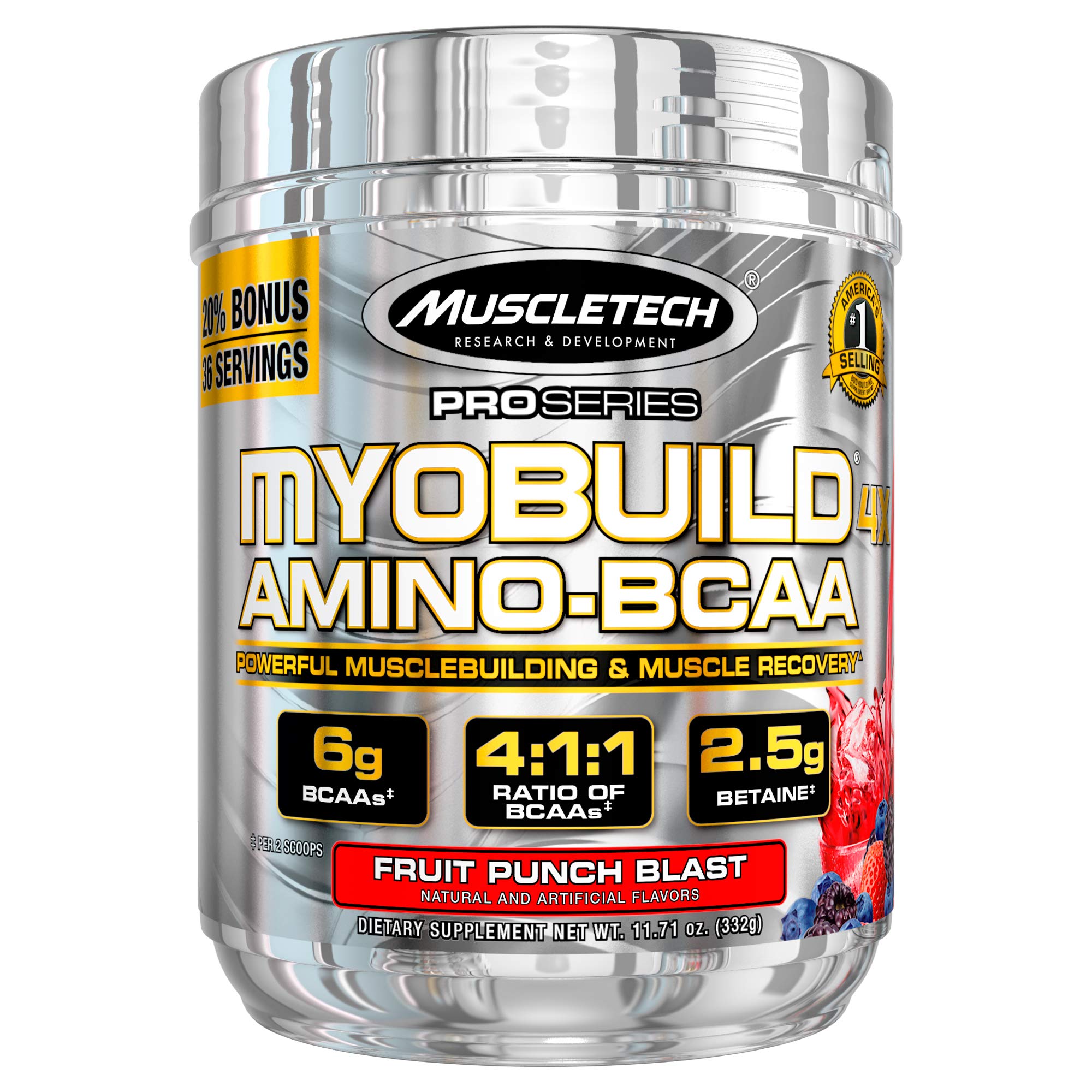 Post Workout BCAA Amino Acids | MuscleTech Myobuild Amino BCAAs | Muscle Builder & Muscle Recovery Powder | Featuring Taurine & Betaine | BCAAs Amino Acids Supplement | Fruit Punch (36 Servings)