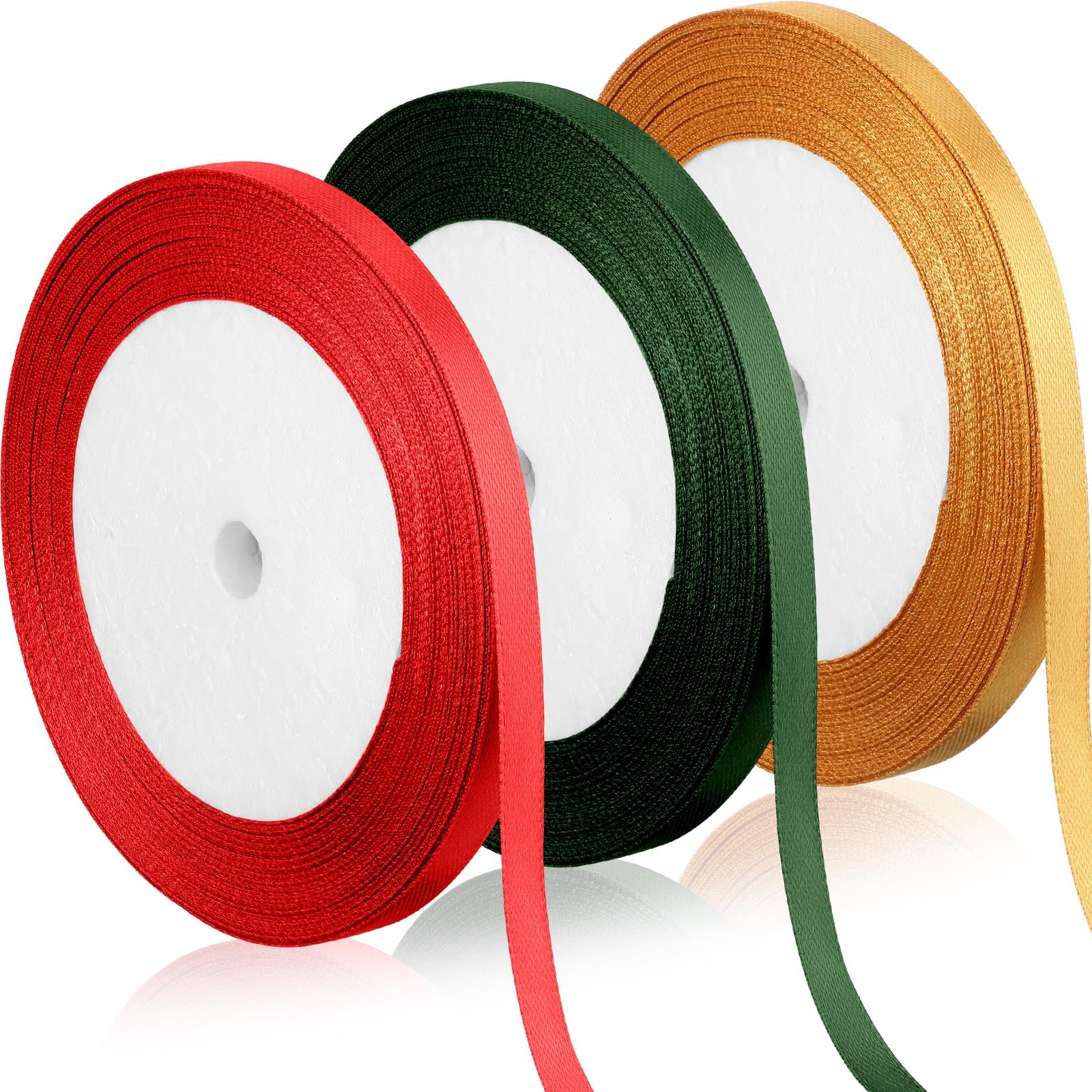 3 Rolls 75 Yards Christmas Ribbons Satin Ribbon 1/4 Inch Wide Valentine's Day Double Face Solid Color Satin Ribbon for Gift Wrapping, Hair Bow, Sewing and Other Craft Projects (Red, Green, Gold)