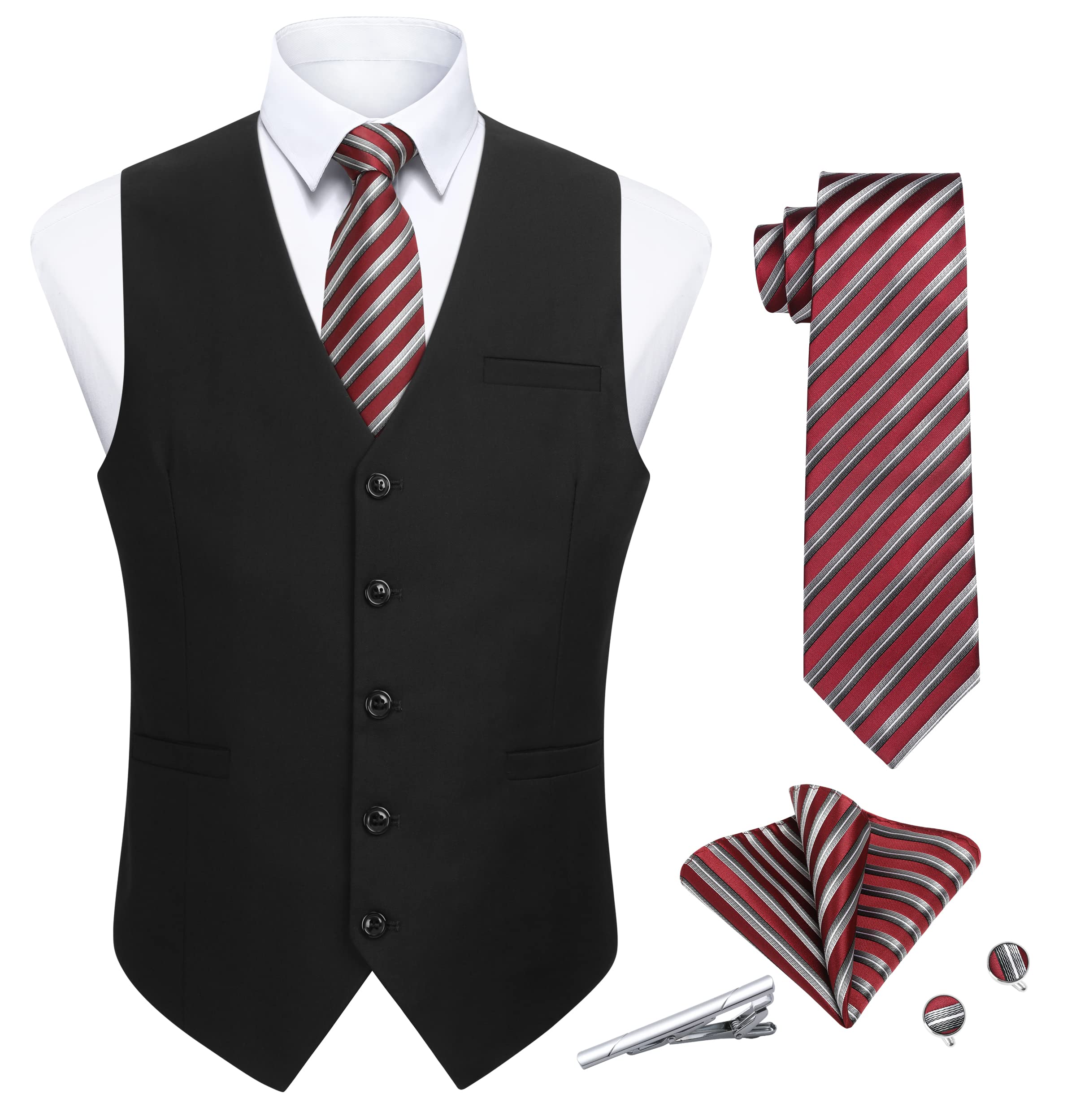 EnlisionMens Dress Vest Tie Set 5PC Tuxedo Suit Vests Formal Business Waistcoat Necktie Pocket Square Cufflink Wedding Party