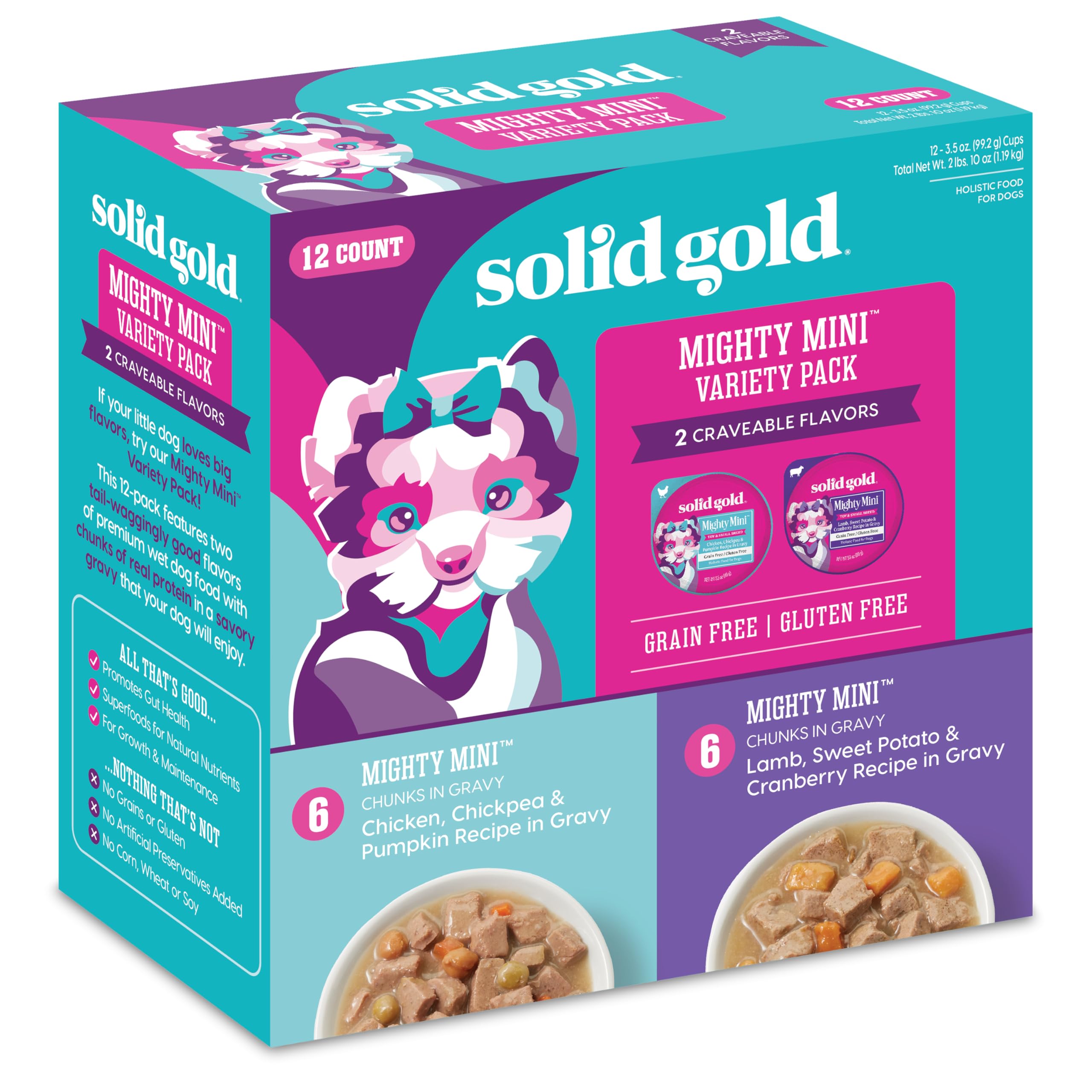 Solid GoldWet Dog Food Variety Pack for Small Dogs - Mighty Mini Grain Free Wet Dog Food Made with Real Protein - for Puppies, Adult & Senior Small Breeds with Sensitive Stomachs - 12 Pack