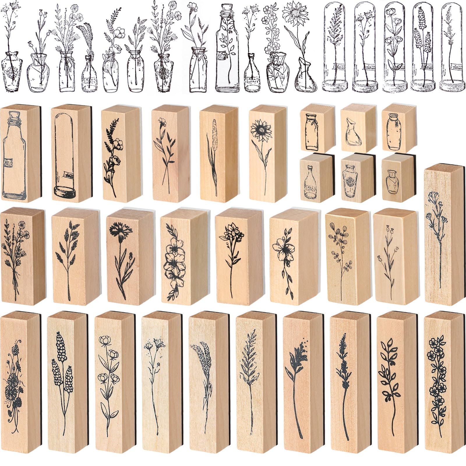 Marspark 31 Pieces Vintage Wooden Rubber Stamps Flower and Plant Decorative Rubber Stamp Set Cute Wood Mounted Stamps Set for DIY Craft, Scrapbook, Journaling and Letters Diary