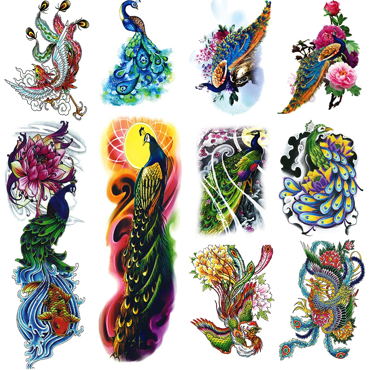 Arm Sleeve Temporary Tattoos, Fake Peacock Half Arm Tattoos and Full Sleeves Tattoo Sticker for Women Men Makeup, 8-Sheet