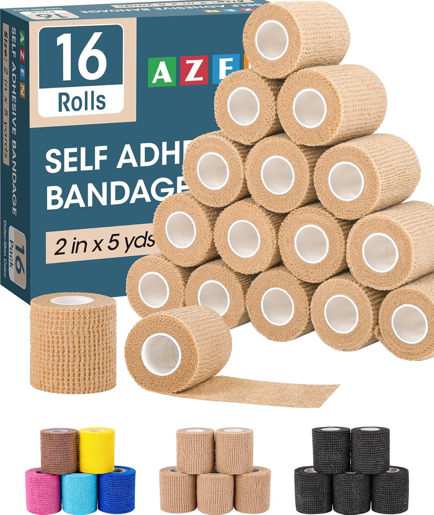 AZEN 16 Pack Self Adhesive Bandage Wrap, 2" X 5 Yards Elastic Cohesive Bandage Wrap, Skin Color Athletic Tape, Vet Wrap, Ankle Tape, Tattoo Grip Tape Wrap