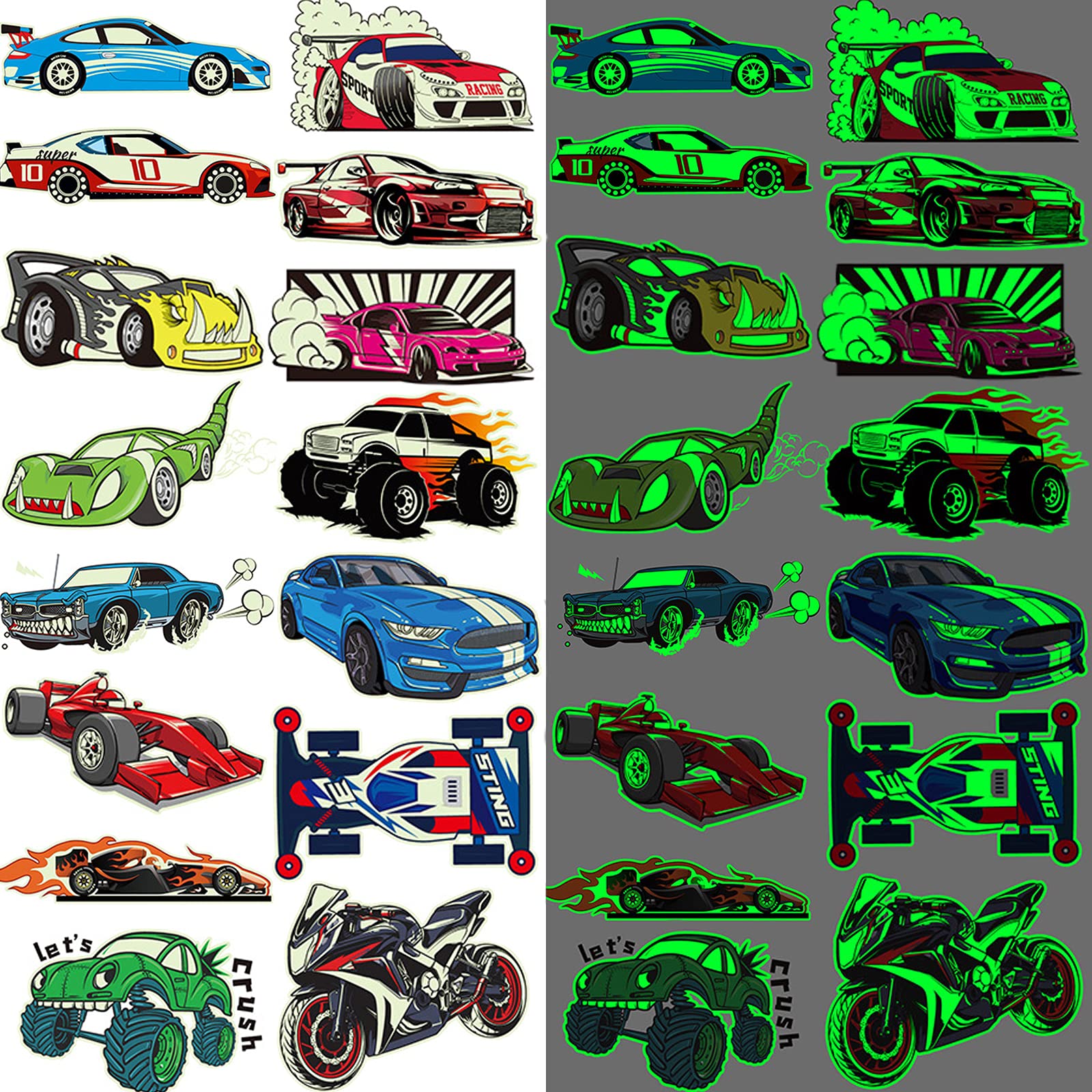 Ooopsiun Luminous Race Car Supplies Temporary Tattoos for Boys -12 Sheets Glow in The Dark RaceCar Tattoos Decorations Supplies Favors for Kids Boys Men