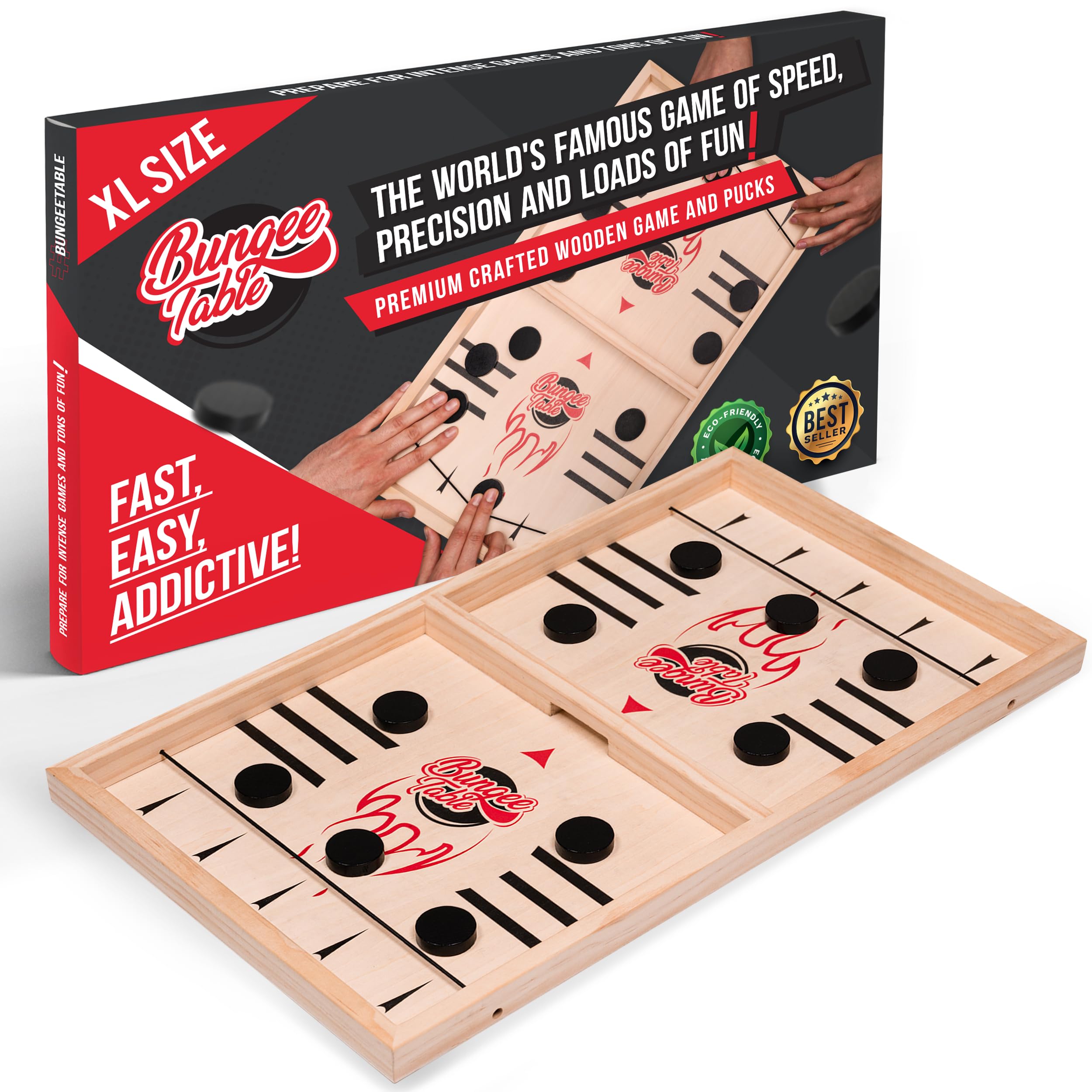 Bungee TableExtra Large Fast Sling Puck Game - Test Your Speed and Accuracy with Fast Action Super Winner Wooden Air Hockey Board Game - Guaranteed Fun for Family Game Night or Party with Friends