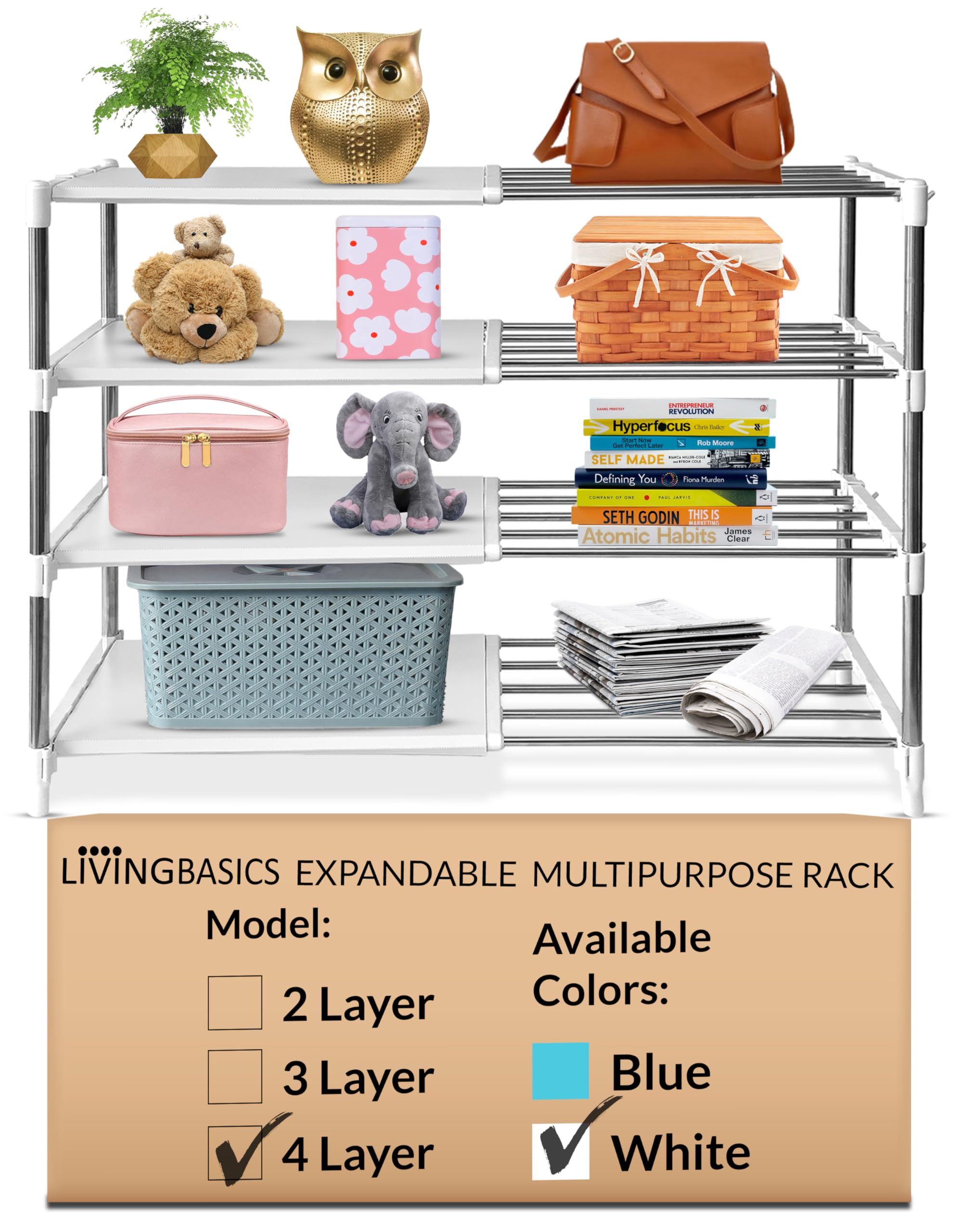 LIVINGBASICS Multipurpose Storage Rack for Kitchen/Clothes/Bookshelf/Shoes Stand (4 Layer, White Multi-Purpose Rack)