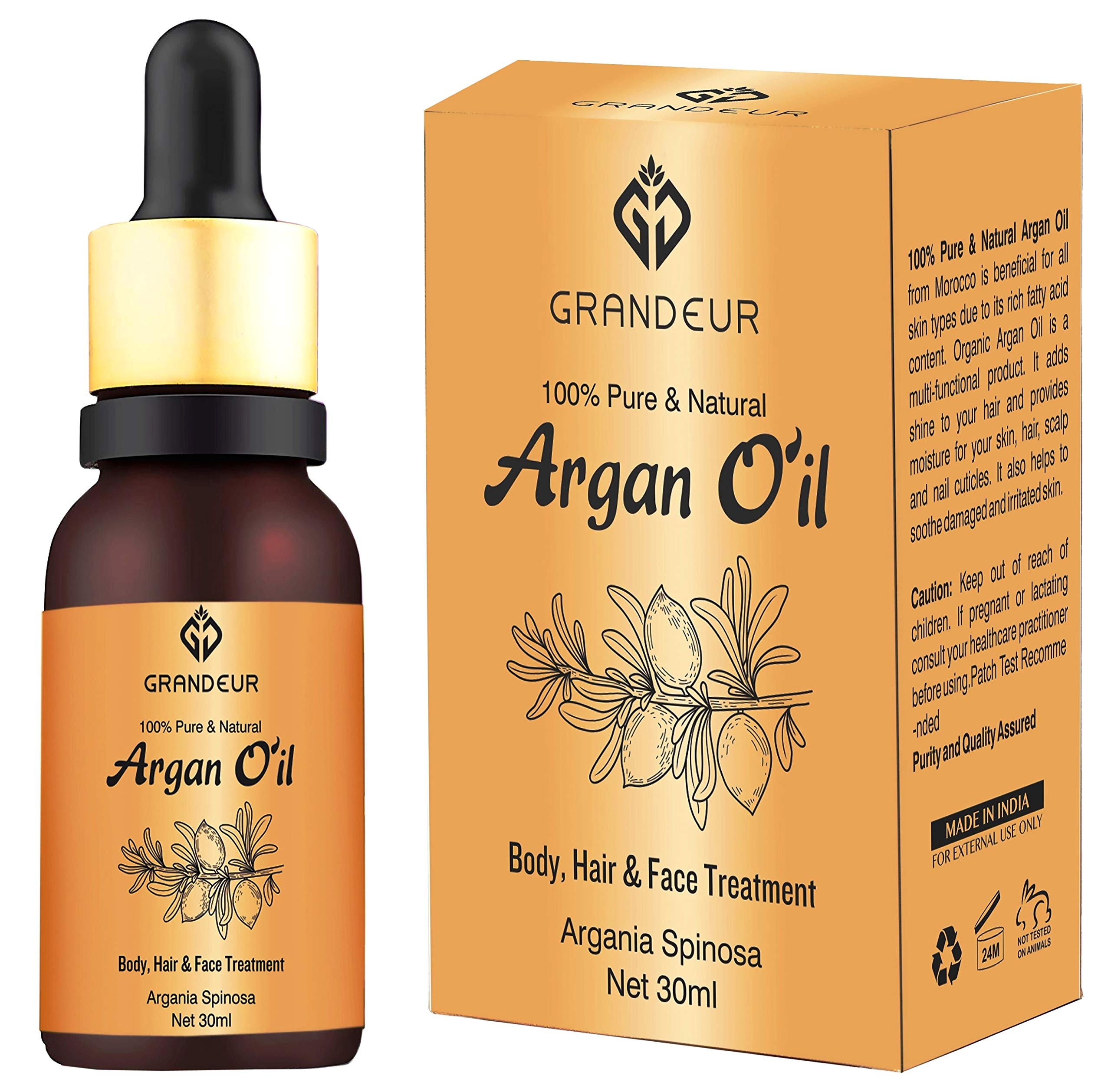 Grandeur 100% Pure And Natural Moroccan Argan Oil 30ml, for Dry and Coarse Hair & Skin care- 30mL | Hair Fall Control | Hair Growth|