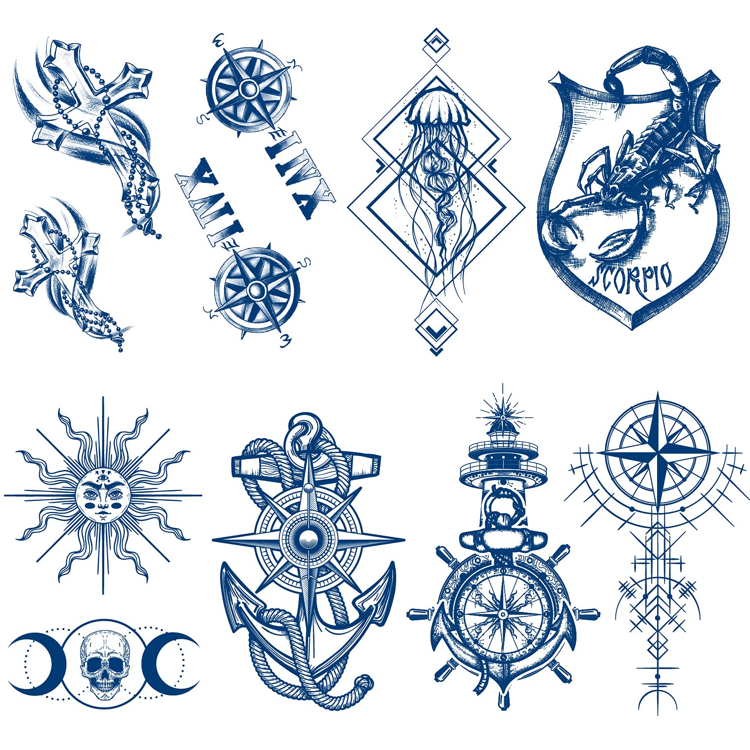 8 Sheets Semi-Permanent Tattoos for Men Women, Classic Compass Premium Temporary Tattoo Long-Lasting 7-14 Days, Cross Totem Scorpion Waterproof Tattoo Stickers, Lifelike Dark Blue Fake Tattoo