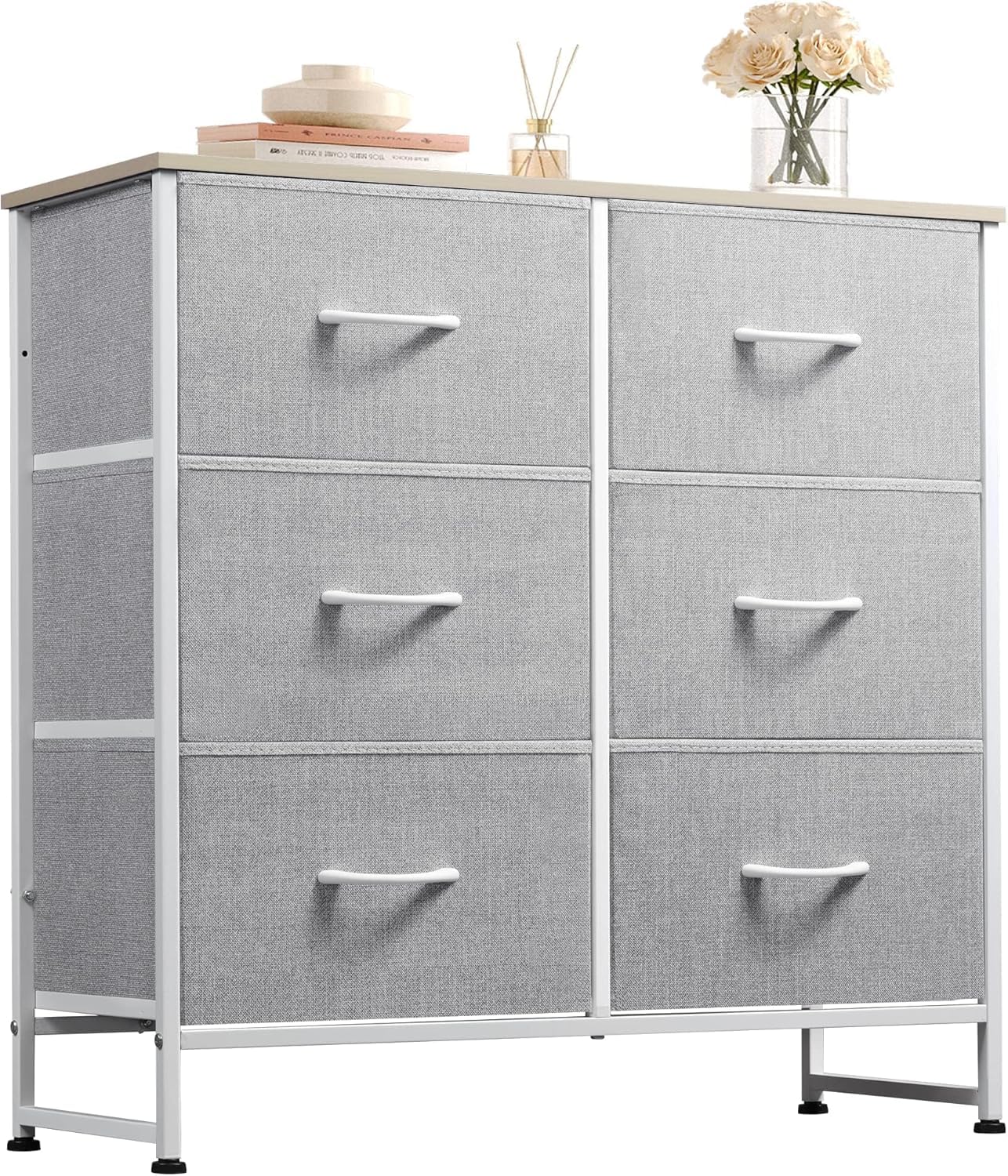 WLIVE Chest of Drawers, 6 Fabric Drawers Cabinet with Easy Pull Handle, Wood Top and Sturdy Steel Frame for Bedroom, Living Room, Light Grey