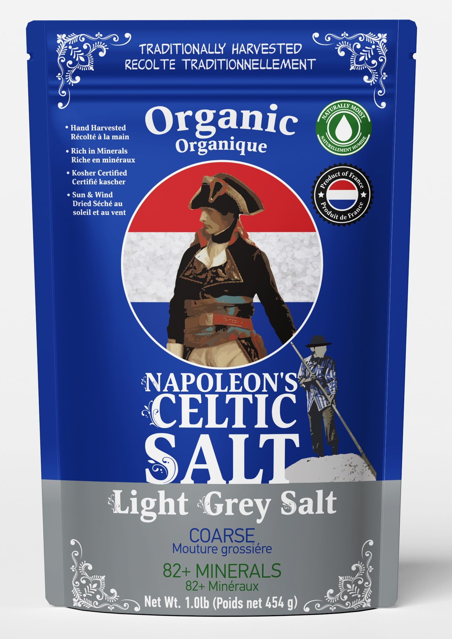 Napoleon's Celtic SaltCeltic Salt Organic 82 Minerals Coarse, 1.0lb Resealable Bag, Celtic Salt, Naturally Moist, Hand Harvested, Unrefined French Sea Salt, 100% Natural (1.0lb Grey Coarse) Pack of 1