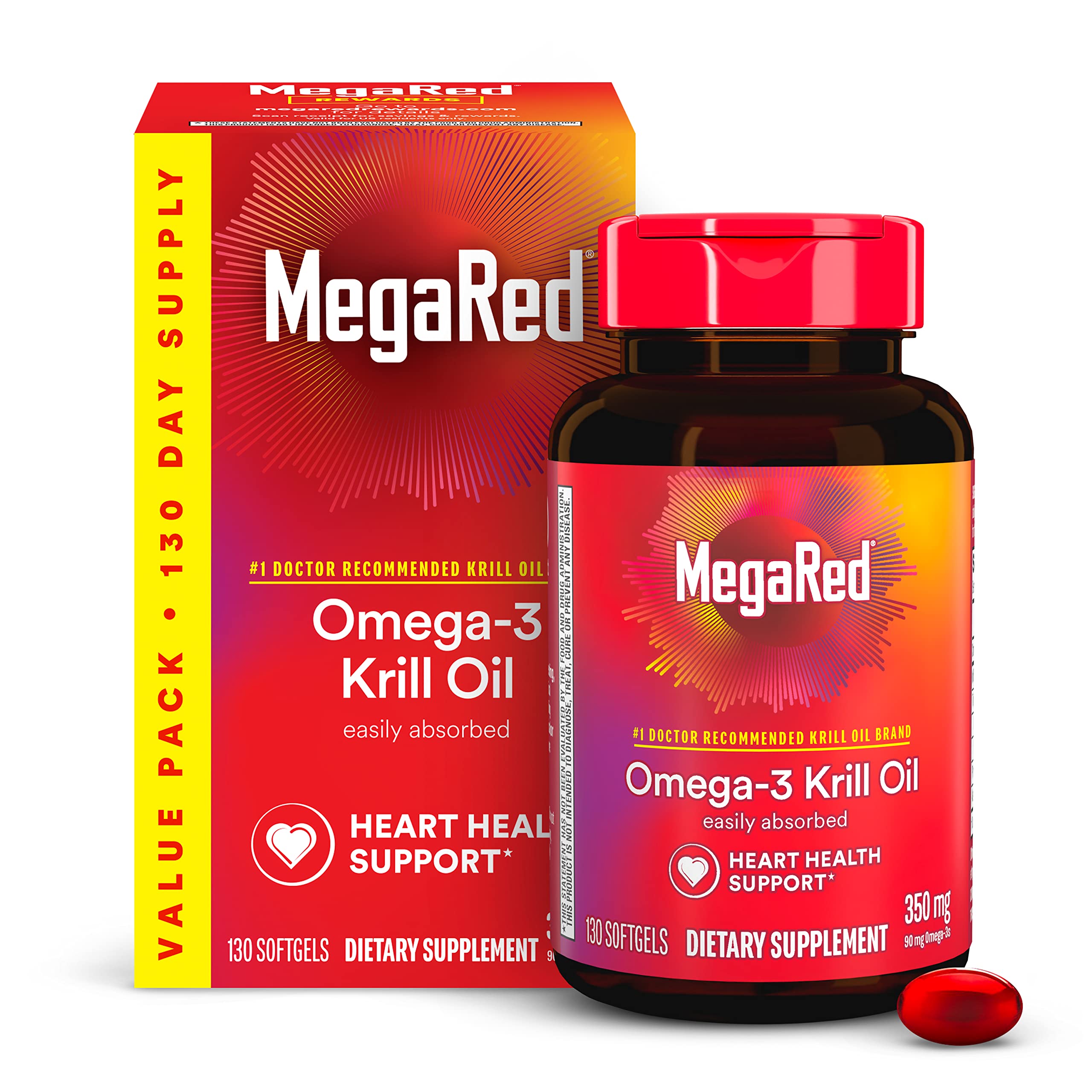 MegaRedOmega-3 Krill Oil 350mg Softgels (130 Count in A Bottle), EPA & DHA Omega-3 Fatty Acids with No Fishy Aftertaste Unlike Fish Oil, Contains Antioxidant Astaxanthin