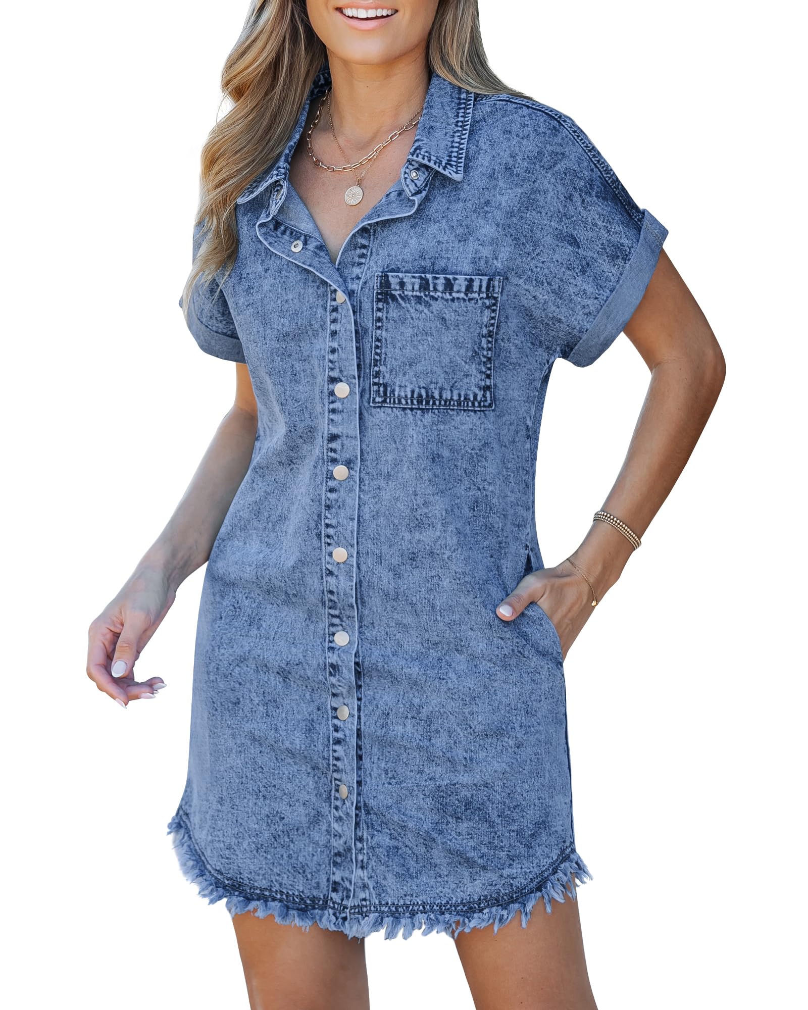 luvamiaDenim Dress for Women Button Down Short Sleeves Casual Summer Jean Shirt Dresses with Pockets Frayed Hem