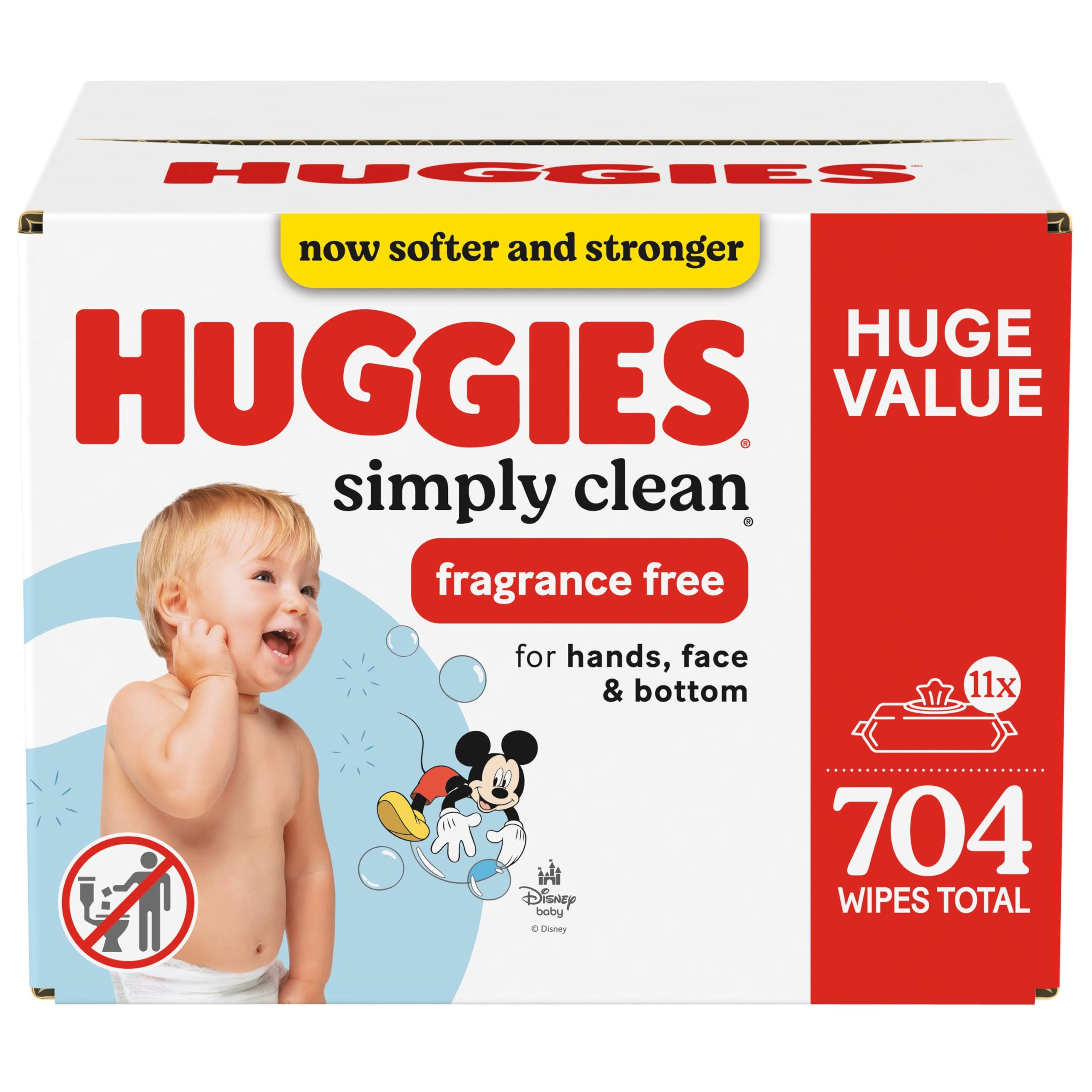 Huggies Simply Clean Fragrance-Free Baby Wipes, Unscented Diaper Wipes, 11 Flip-Top Packs (704 Wipes Total)