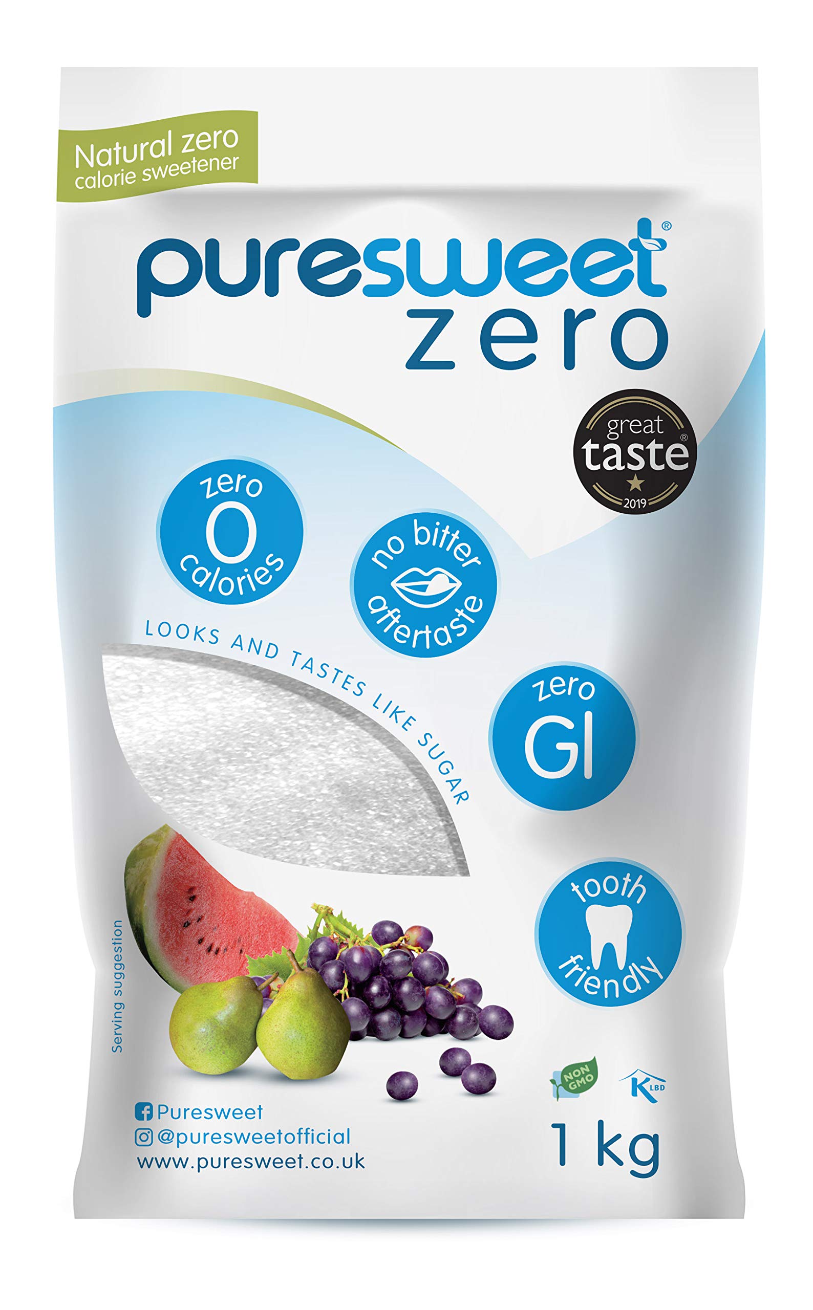 Puresweet Zero® 100% Natural Zero Calorie Sweetener 1kg, No Bitter Aftertaste, Diabetic Friendly, Tooth Friendly, Vegan, Non GMO.