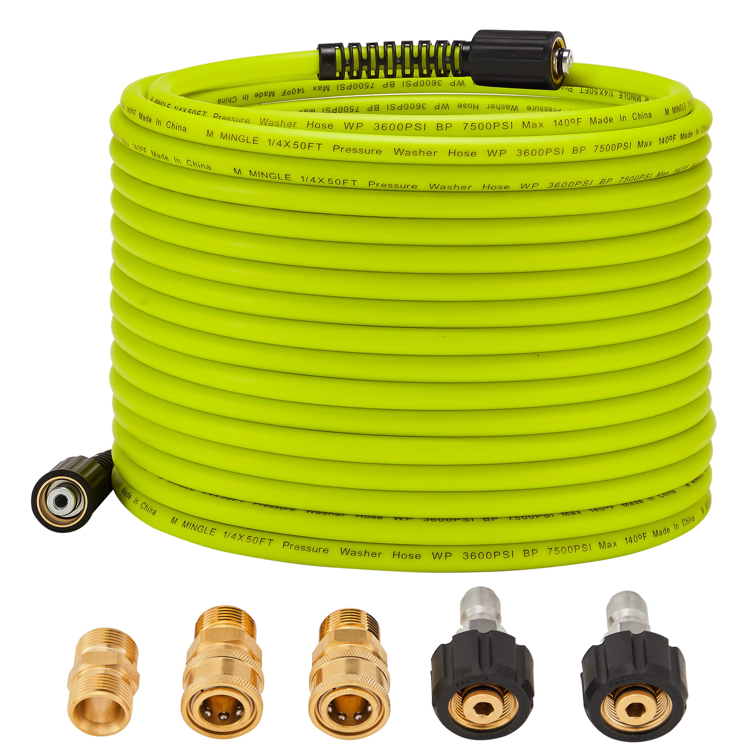 M MINGLE Pressure Washer Hose 50 FT x 1/4" - Replacement Power Wash Hose with Quick Connect Kits - High Pressure Hose with M22 14mm Fittings - 3600PSI