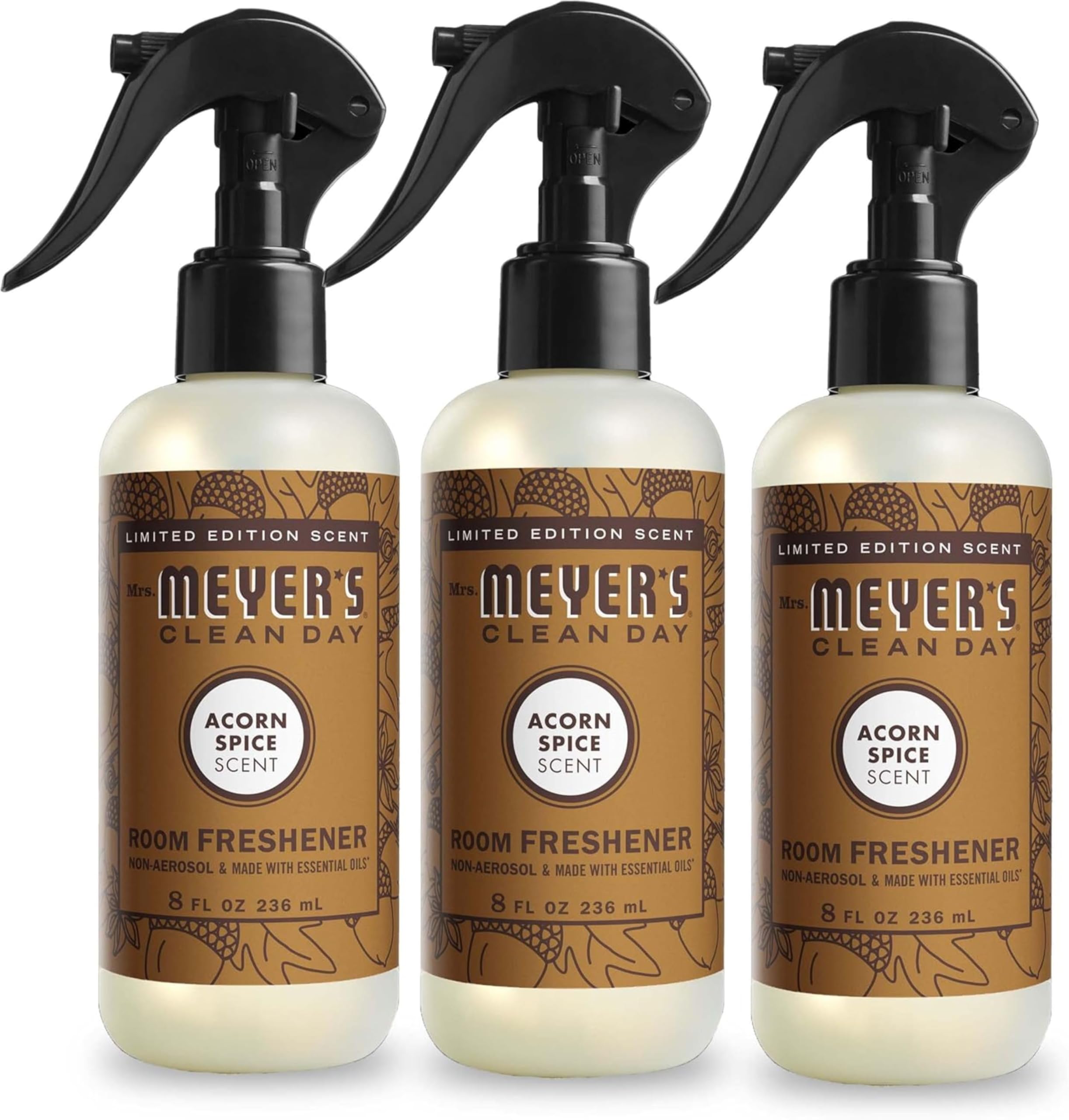 MRS. MEYER'S CLEAN DAYRoom and Air Freshener Spray, Non-Aerosol Spray Bottle Infused with Essential Oils, Limited Edition Acorn Spice, 8 fl. oz - Pack of 3