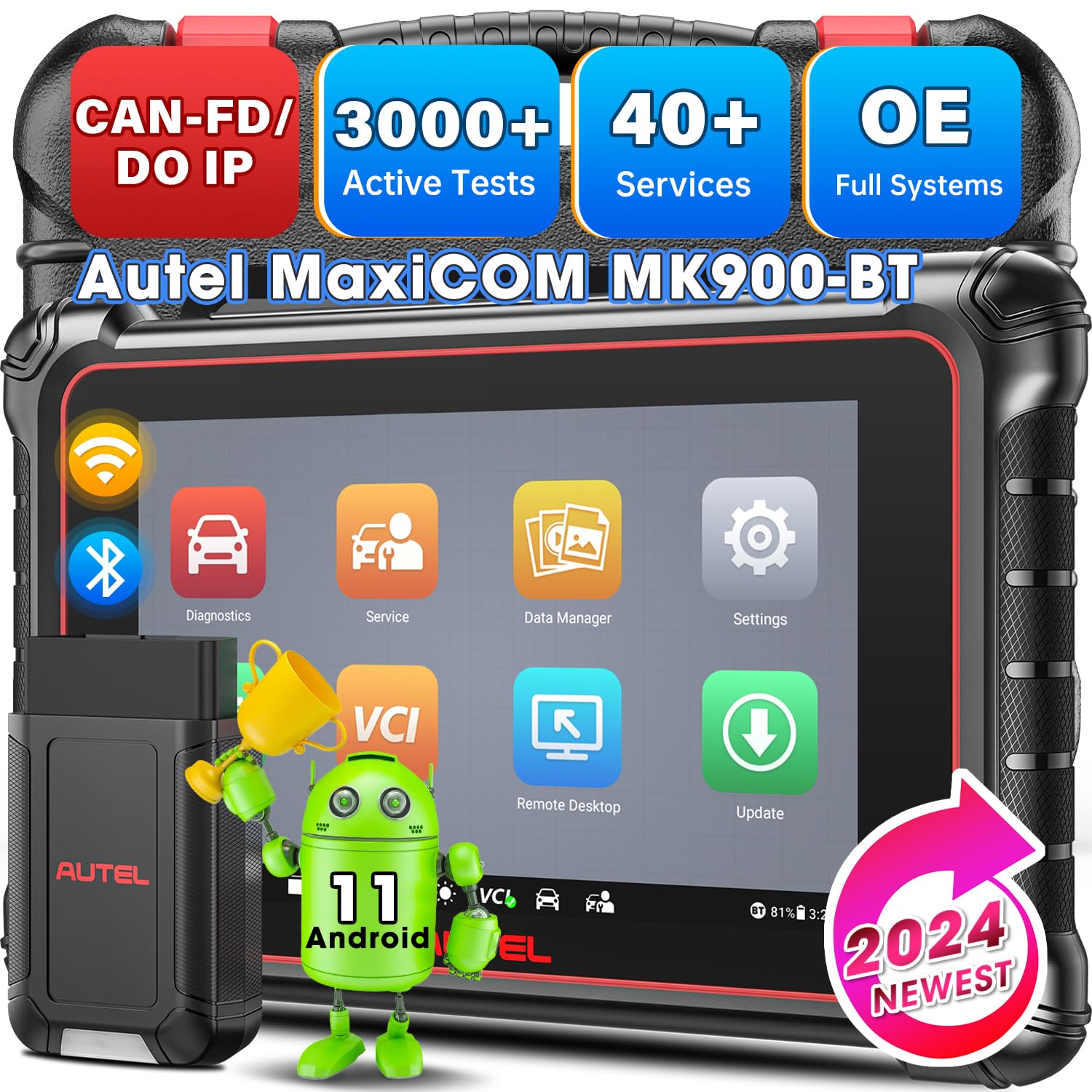 Autel MaxiCOM MK900BT Scanner: 2024 8in MK900-BT Bidirectional Tool, Up of MK900 MaxiCheck MX900 MK808S MK808BT PRO MX808S MK808Z, DOIP CANFD, 40+ Service, 3K+ Active Tests, All Sys, FCA Renault SGW