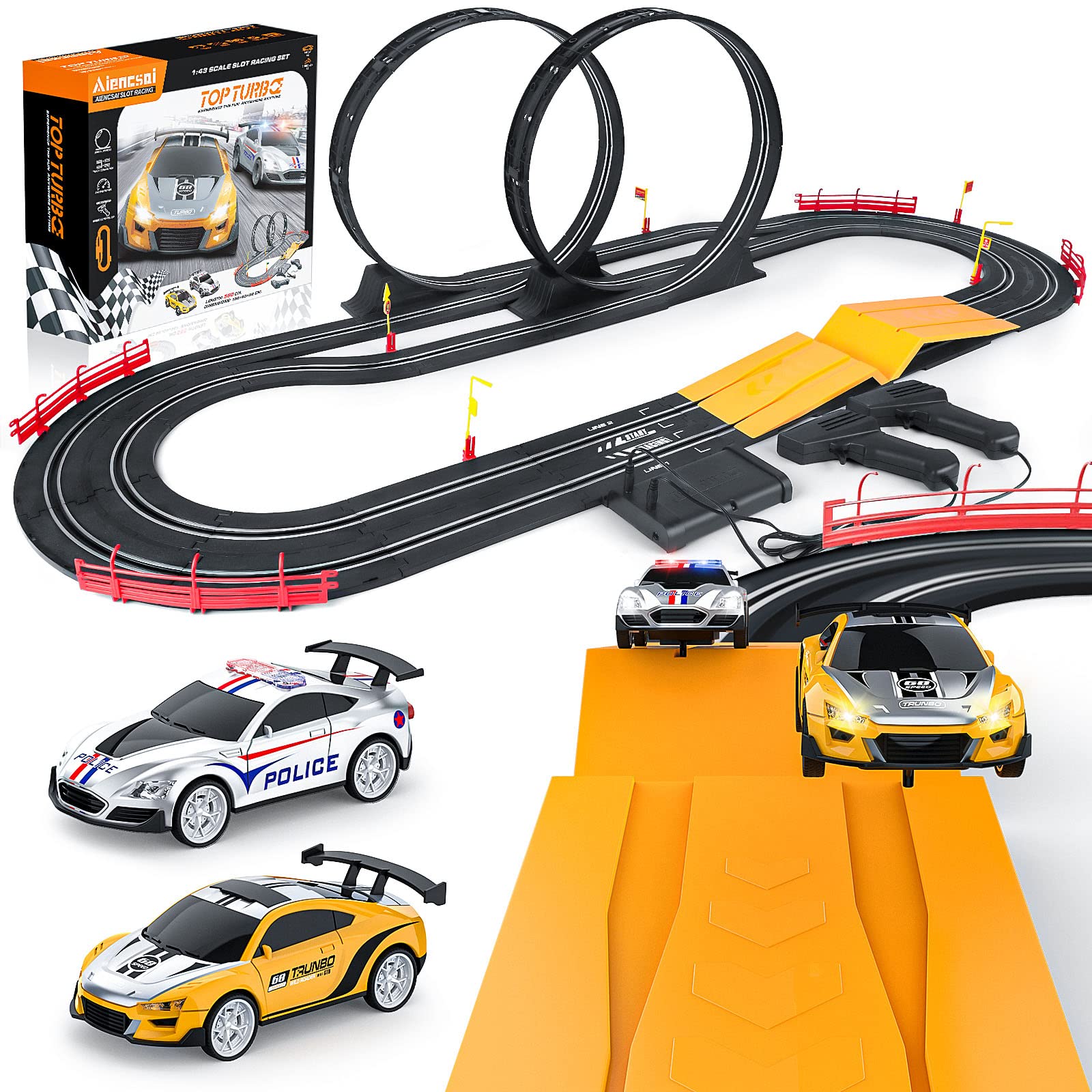 Aiencsai Electric High-Speed Slot Car Race Car Track Sets with 2 1:43 Scale Slot Cars and 2 Hand Controllers with Headlights and Dual Racing, Toys Gifts for 6 7 8 9 10 11 12 Boys Girls