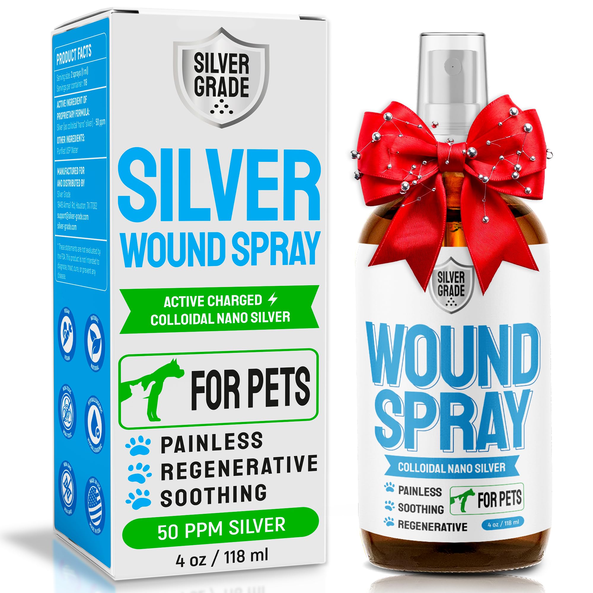 SILVER GRADE Wound Spray for Pets ● Colloidal Silver Wound and Skin Care for Dogs & Cats ● Helps with Rashes, Hot Spots, Itch, Scratching, Skin Irritation, Bites & Burns ● Safe if Licked (4 oz)