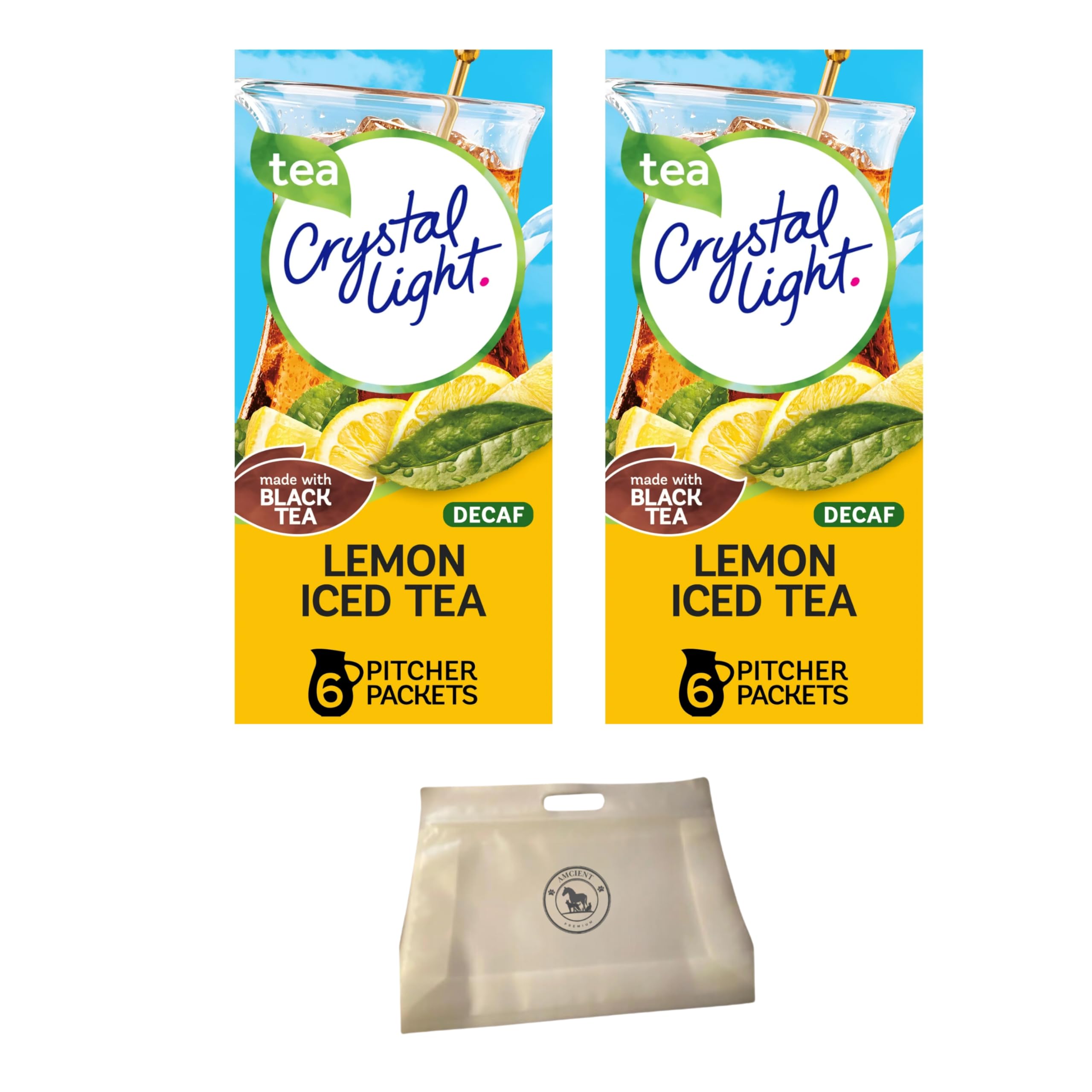 Crystal Light Decaf Lemon Iced Tea 2 x 6 Ct Pitcher Packets Bundle With Reusable Food Pouch By AMCIENT