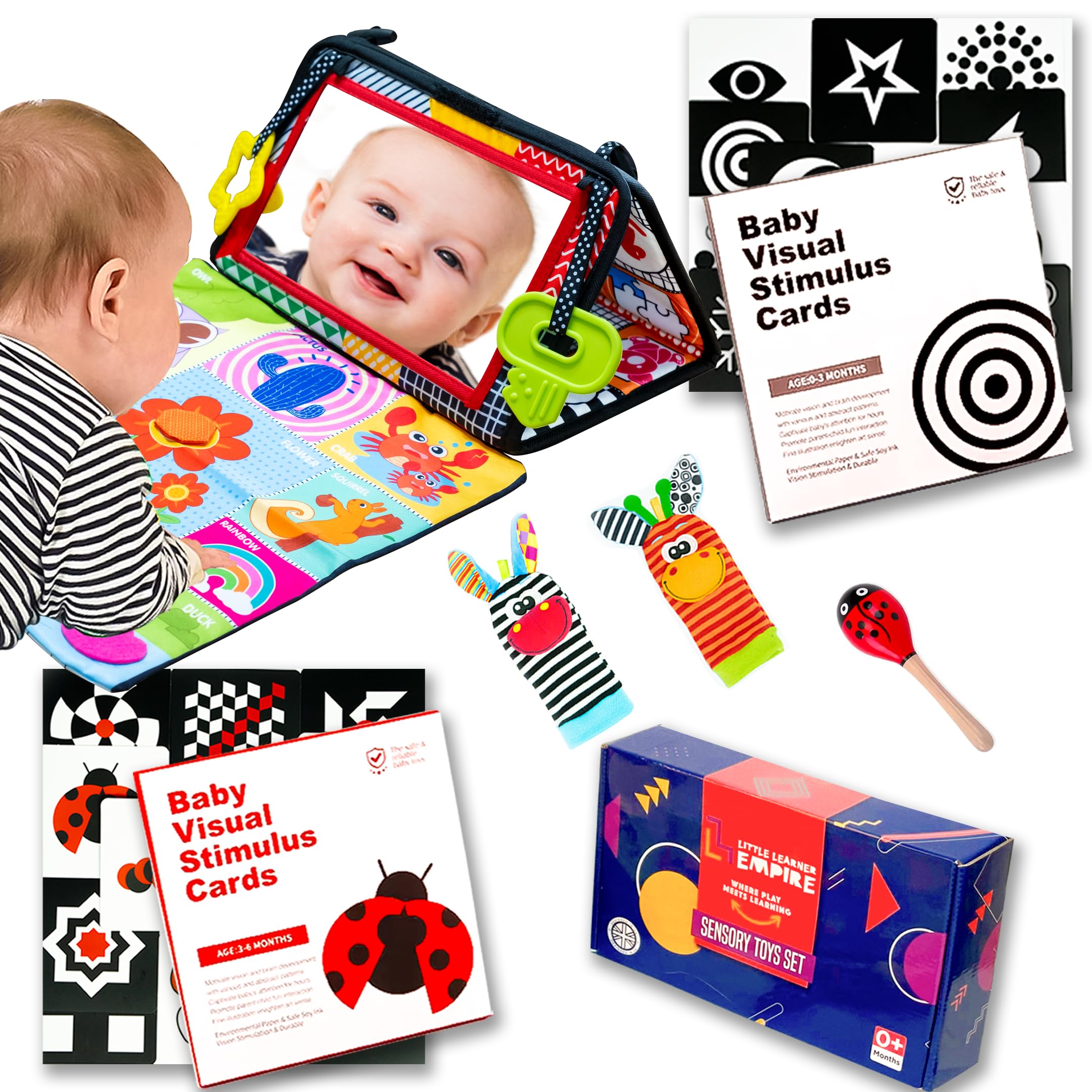 Little Learner Empire Tummy Time Mirror Set 39 Pcs- Black and White Sensory Toys - High Contrast Baby Sensory Cards - Baby Wrist Rattle Socks - Wooden Maraca - Baby Essentials for Newborn Gift