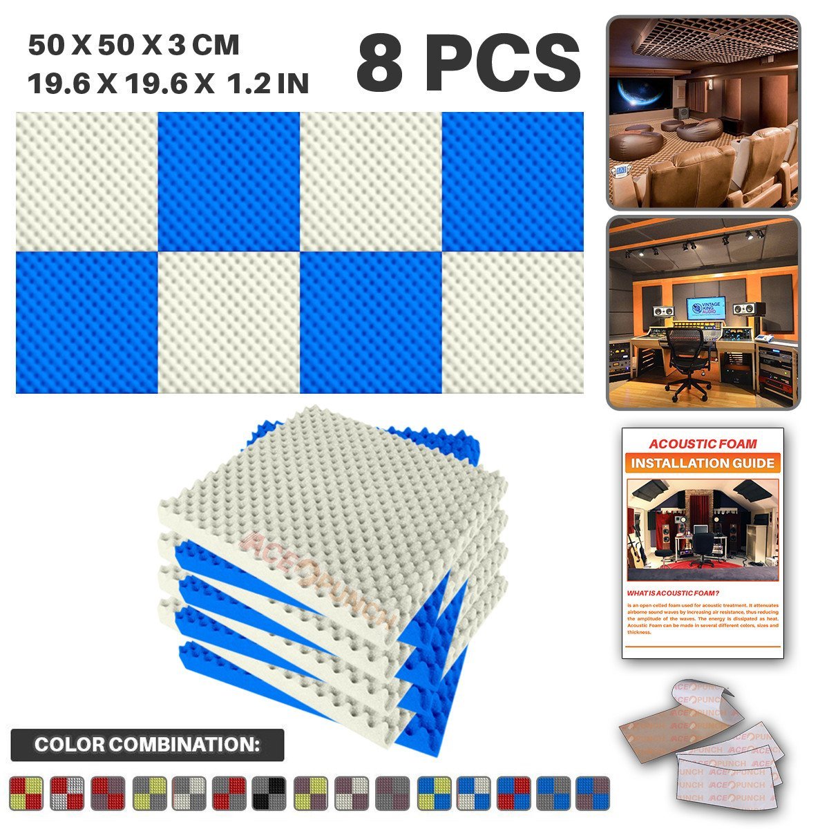 Acepunch 8 Pack - 4 pcs White and 4 pcs Blue Egg Crate Convoluted Grid Acoustic Foam Panel Studio Soundproofing Wall Tiles Sound Insulation with Free Mounting Tabs 19.6 X 19.6 X 1.2 in AP1052