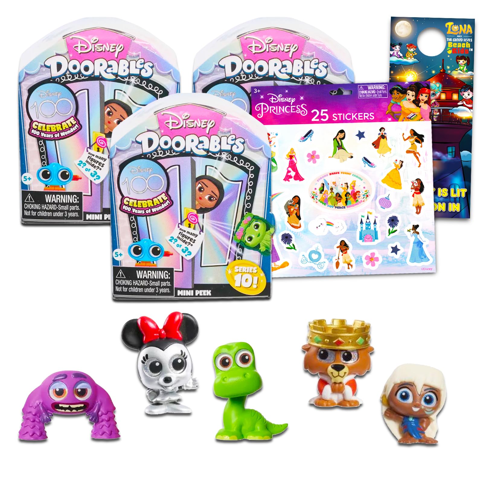 Disney Doorables Series 7 Mega Pack - Bundle with 3 Disney Doorables Mini Peek Figures for Kids and Adults Plus Palace Pets Stickers (Disney Collectibles, Disney Toys)