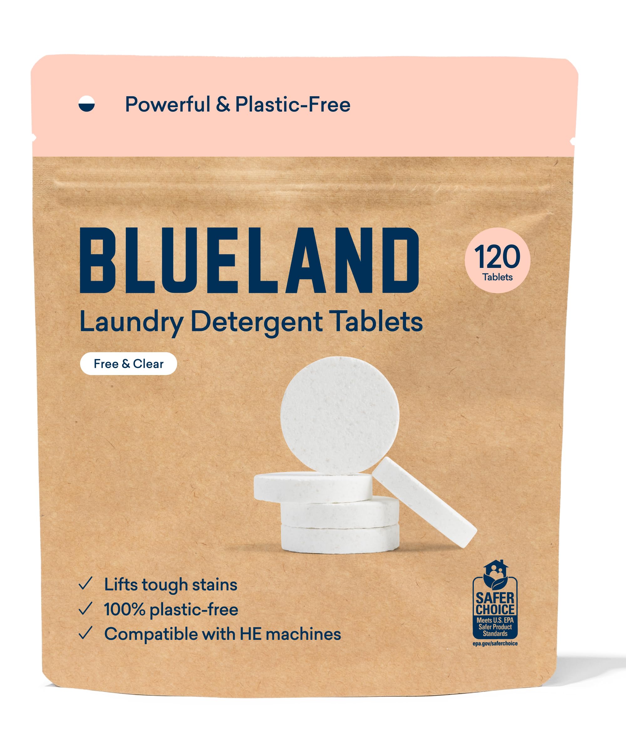 BLUELAND Laundry Detergent Tablets 120 Count, Plastic-Free Alternative to Pods, Sheets, or Liquid - Natural, Sustainable, Eco-Friendly Laundry Detergent in Compostable Pouch