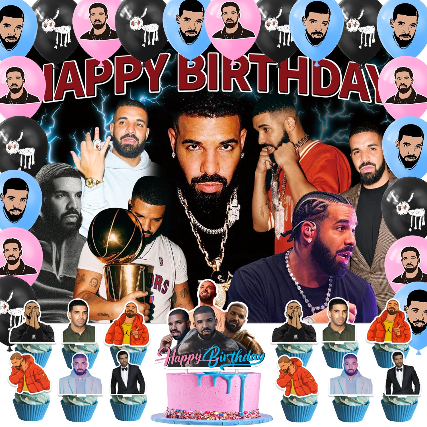 Drake Singer Party Decorations, Include Singer Party Backdrop 5 x 3 FT, Latex Balloons, Cake Topper for Drake Fans Party Merch